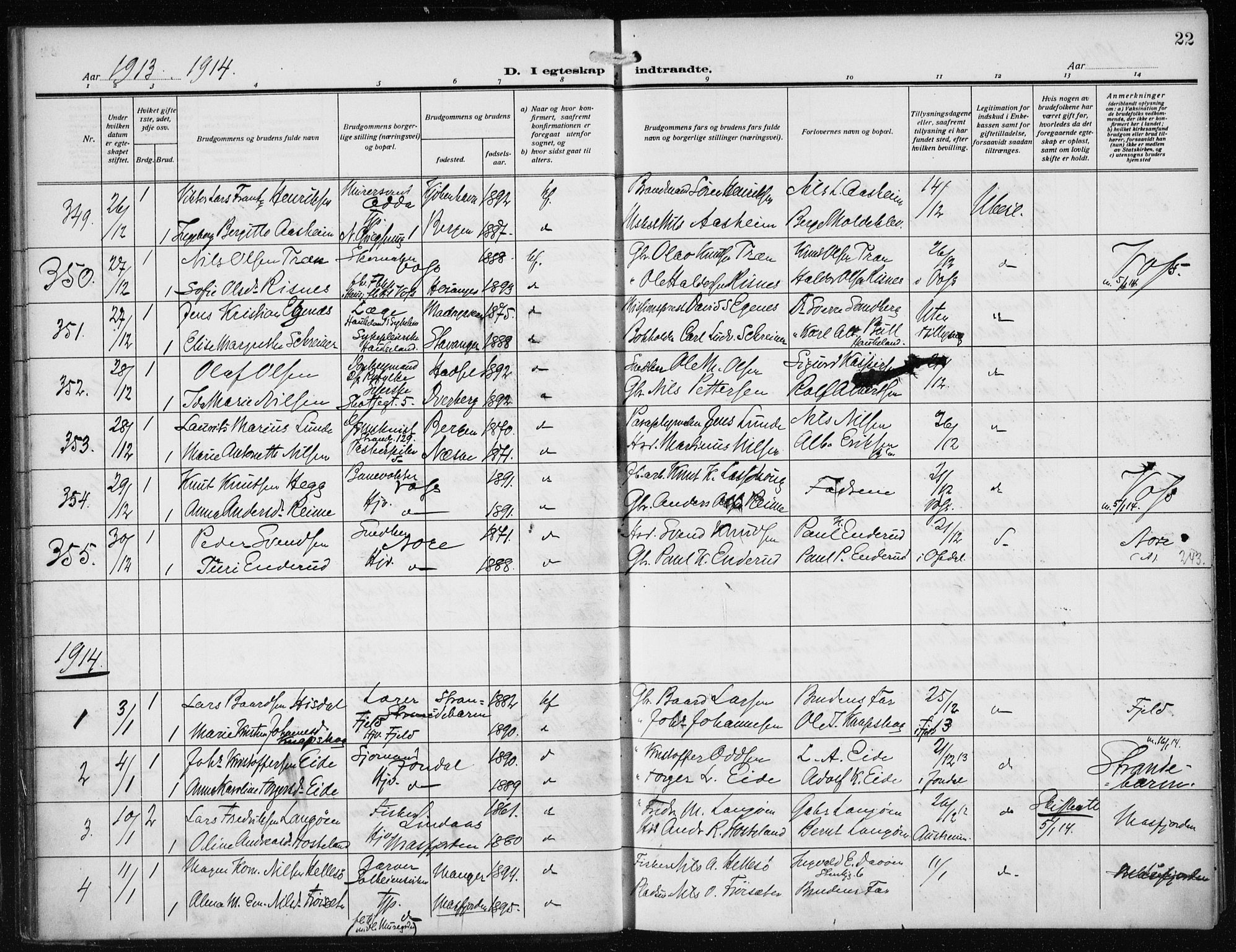 Nykirken Sokneprestembete, SAB/A-77101/H/Haa/L0036: Parish register (official) no. D 6, 1913-1918, p. 22