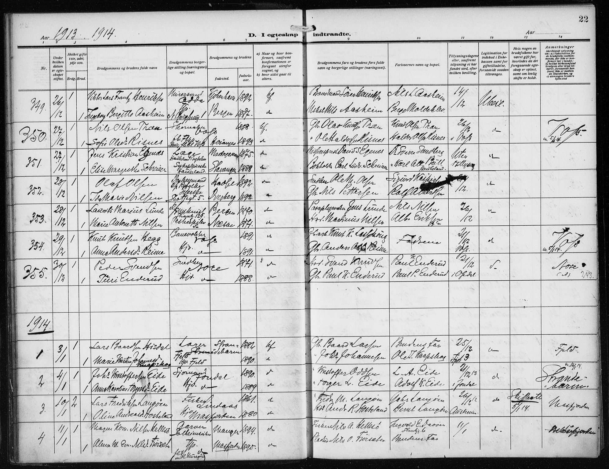 Nykirken Sokneprestembete, AV/SAB-A-77101/H/Haa/L0036: Parish register (official) no. D 6, 1913-1918, p. 22