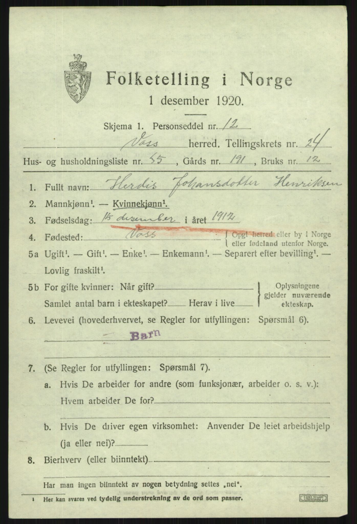 SAB, 1920 census for Voss, 1920, p. 16671