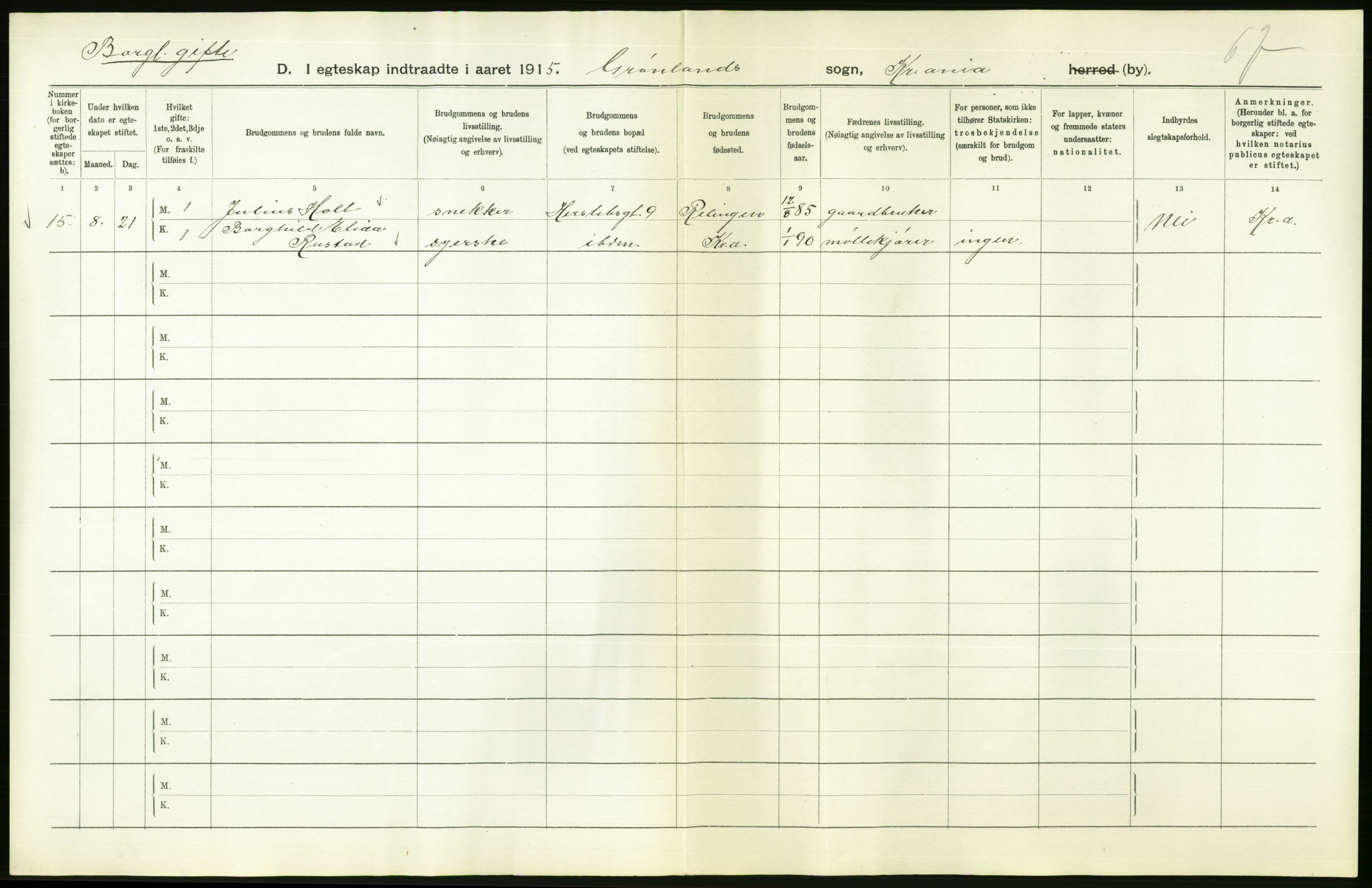 Statistisk sentralbyrå, Sosiodemografiske emner, Befolkning, AV/RA-S-2228/D/Df/Dfb/Dfbe/L0008: Kristiania: Gifte., 1915, p. 830