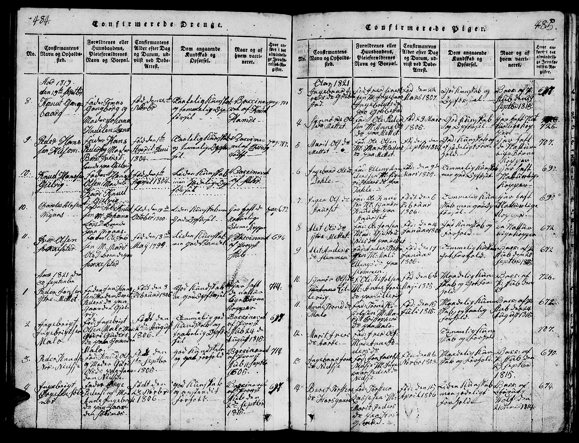 Ministerialprotokoller, klokkerbøker og fødselsregistre - Møre og Romsdal, AV/SAT-A-1454/547/L0610: Parish register (copy) no. 547C01, 1818-1839, p. 484-485