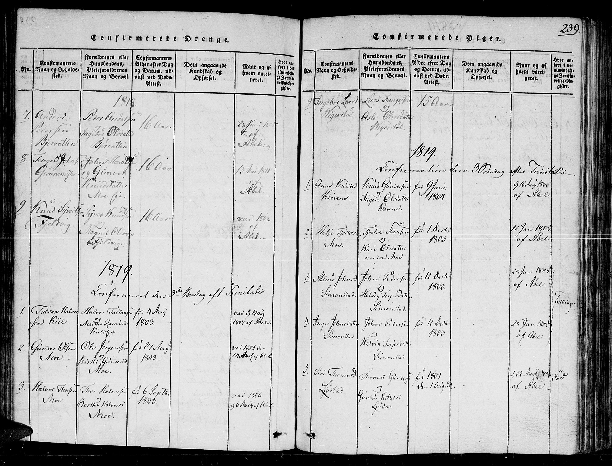 Gjerstad sokneprestkontor, AV/SAK-1111-0014/F/Fb/Fbb/L0001: Parish register (copy) no. B 1, 1813-1863, p. 239