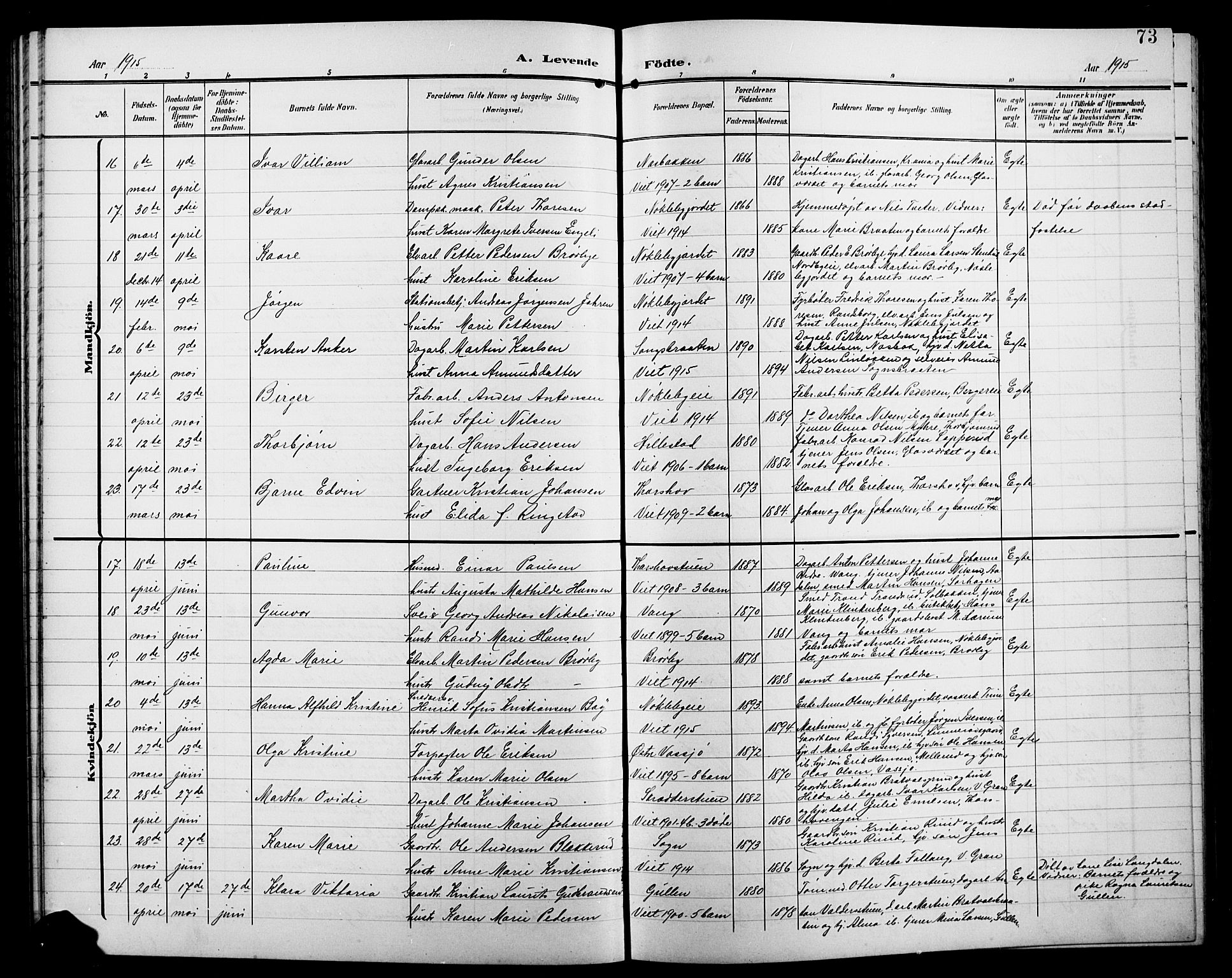 Jevnaker prestekontor, SAH/PREST-116/H/Ha/Hab/L0004: Parish register (copy) no. 4, 1907-1918, p. 73