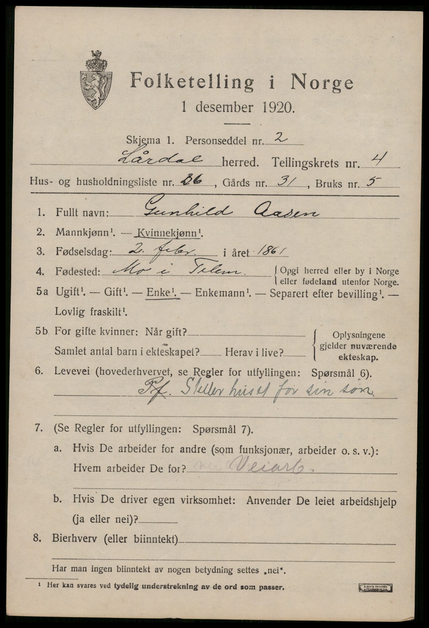 SAKO, 1920 census for Lårdal, 1920, p. 2389