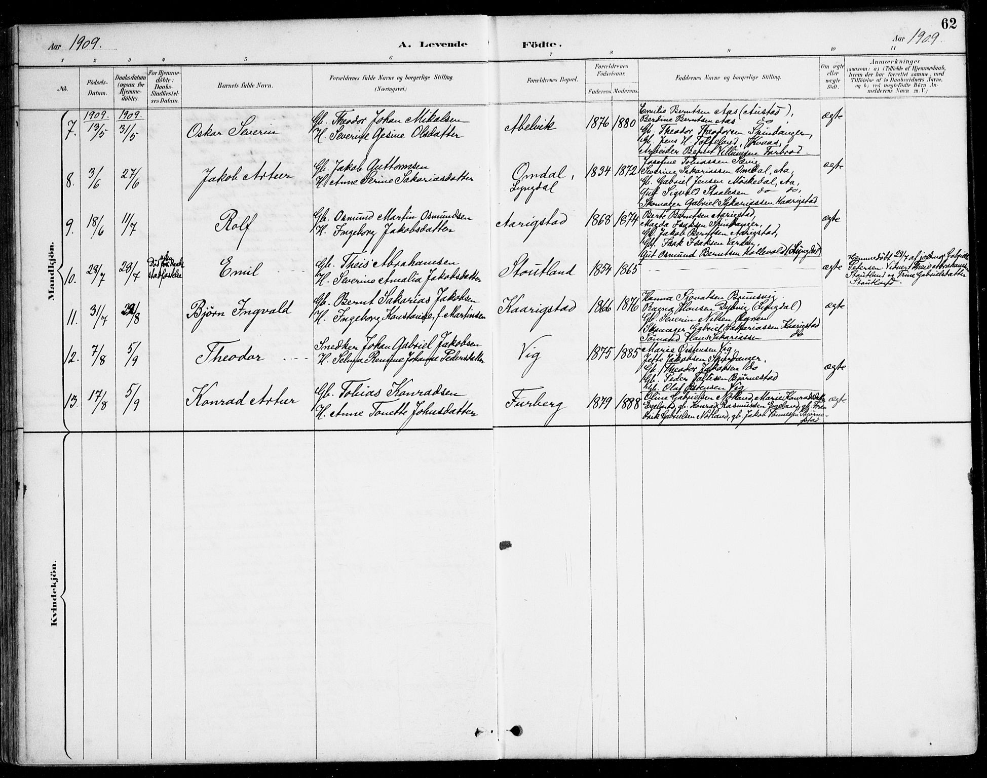 Herad sokneprestkontor, AV/SAK-1111-0018/F/Fa/Fab/L0005: Parish register (official) no. A 5, 1886-1913, p. 62