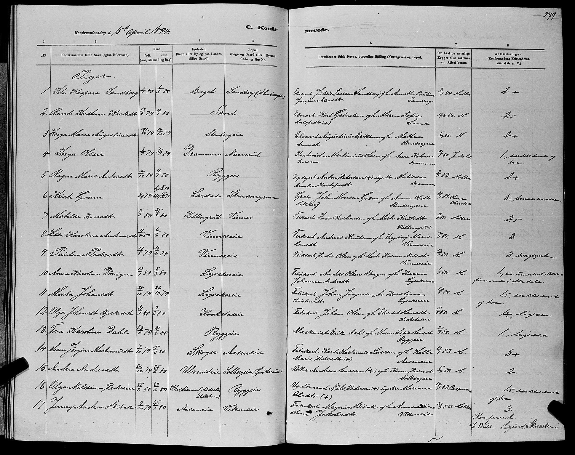 Nedre Eiker kirkebøker, AV/SAKO-A-612/G/Ga/L0002: Parish register (copy) no. 2, 1880-1896, p. 279