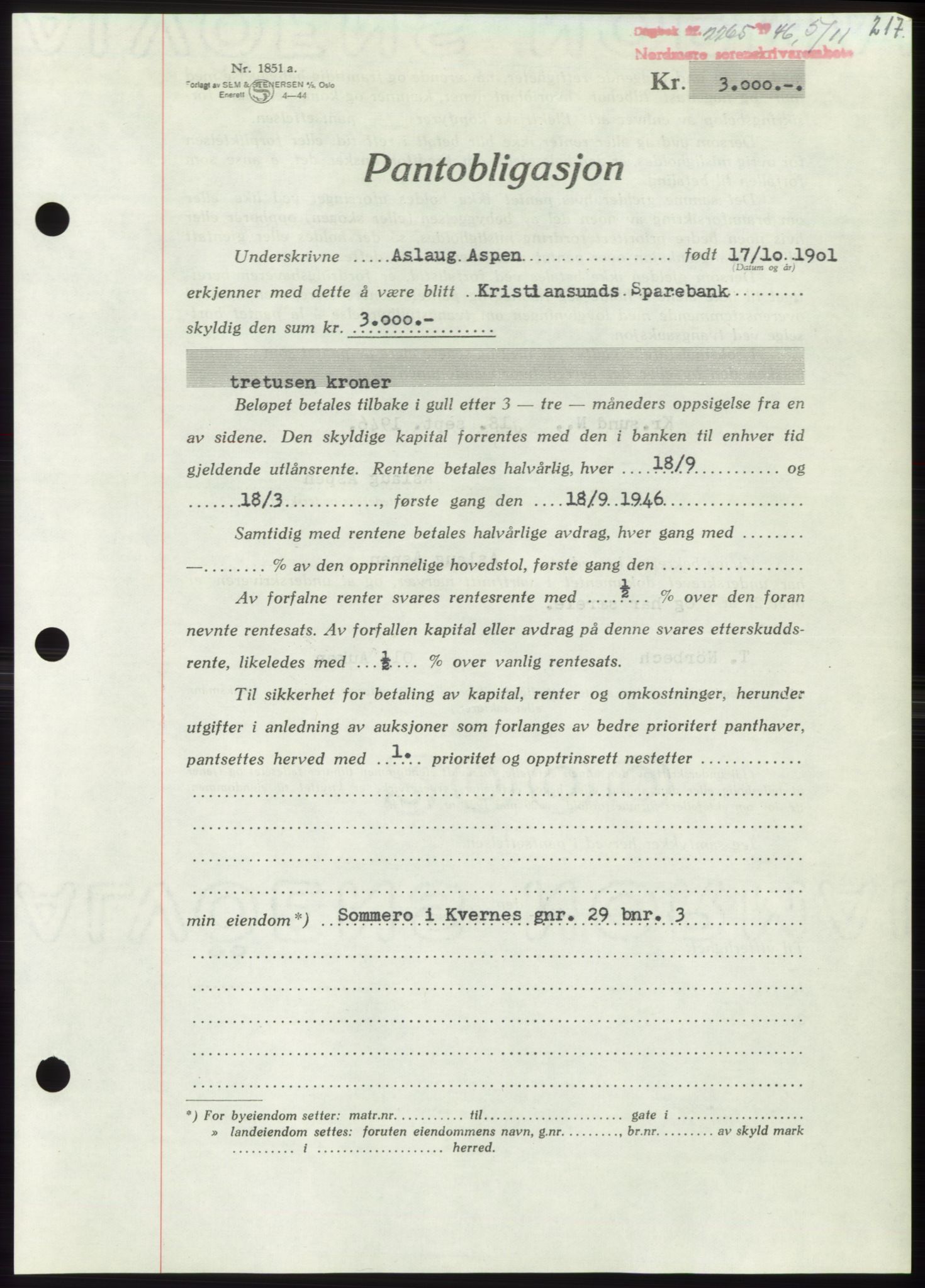 Nordmøre sorenskriveri, AV/SAT-A-4132/1/2/2Ca: Mortgage book no. B95, 1946-1947, Diary no: : 2265/1946