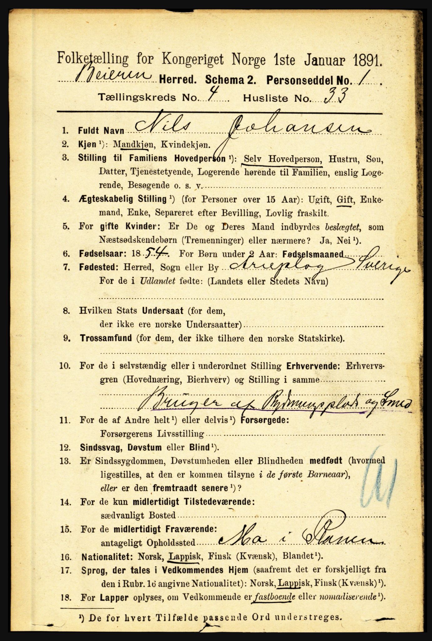 RA, 1891 census for 1839 Beiarn, 1891, p. 1705