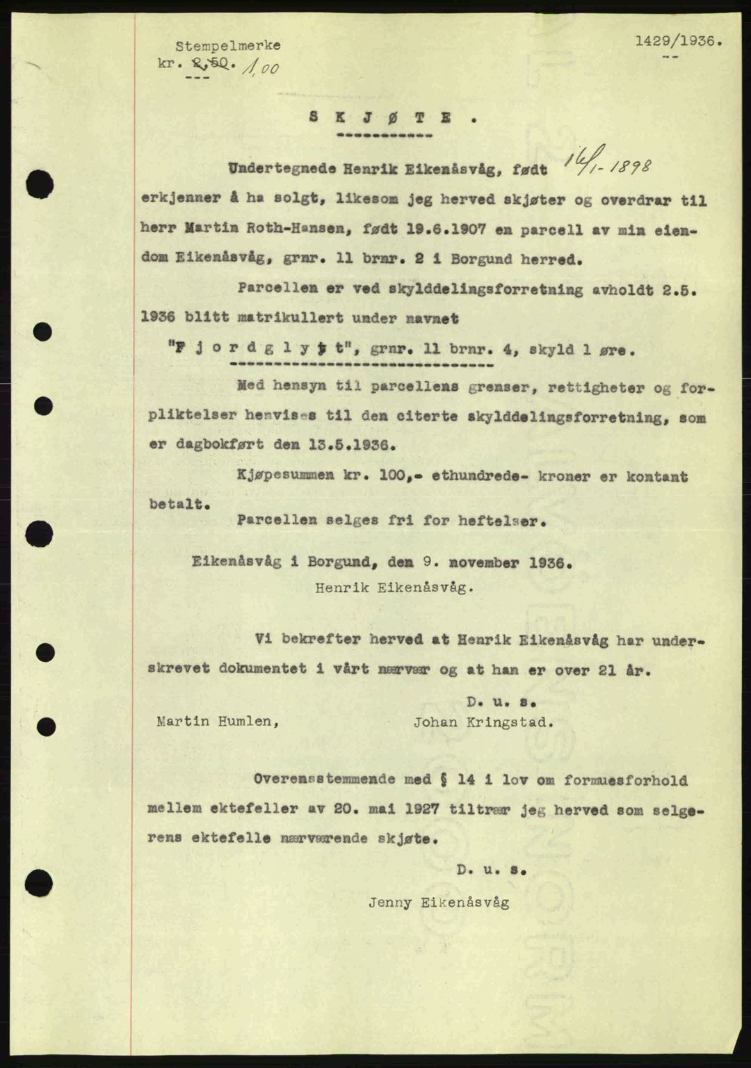 Nordre Sunnmøre sorenskriveri, AV/SAT-A-0006/1/2/2C/2Ca: Mortgage book no. A2, 1936-1937, Diary no: : 1429/1936