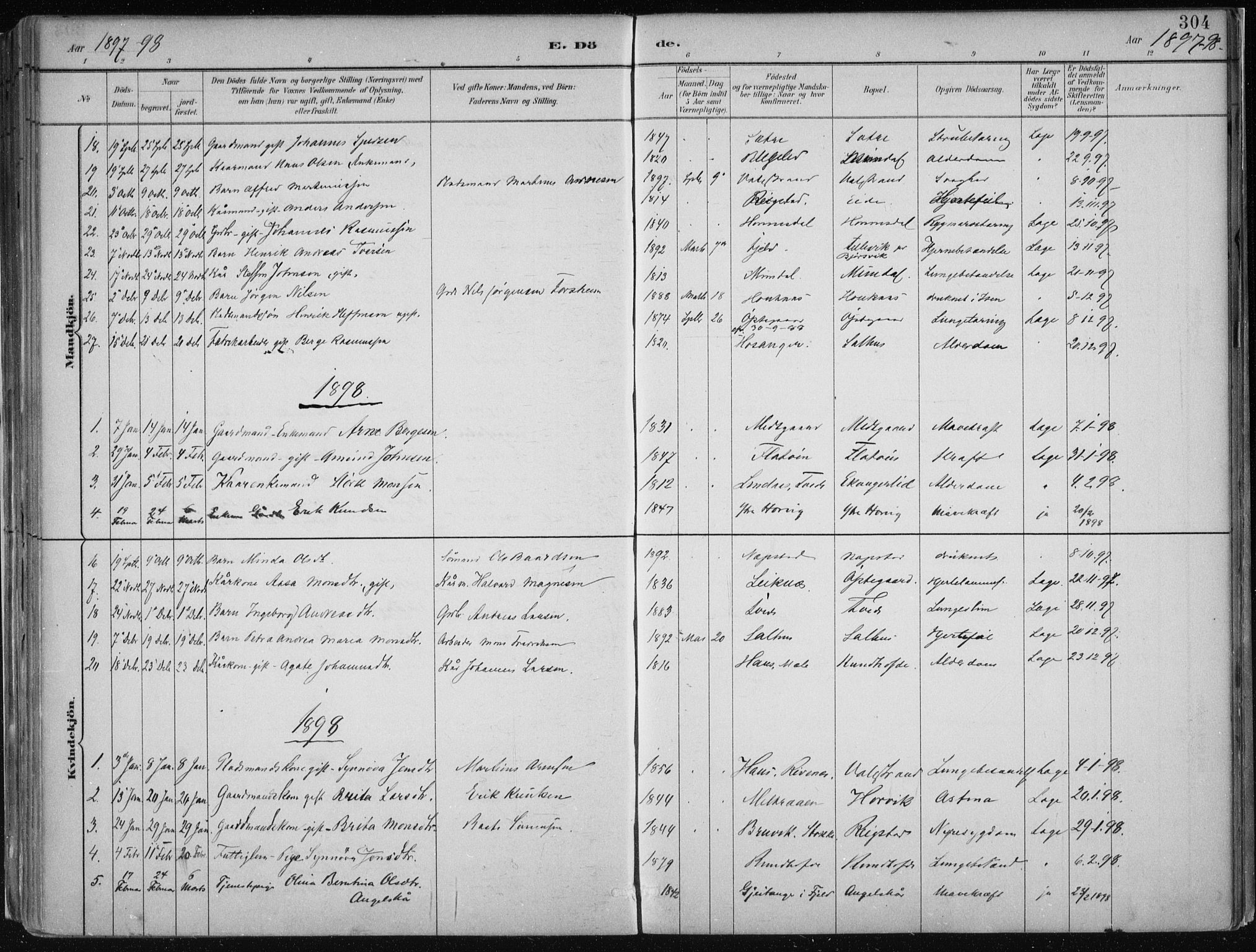 Hamre sokneprestembete, SAB/A-75501/H/Ha/Haa/Haab/L0001: Parish register (official) no. B  1, 1882-1905, p. 304