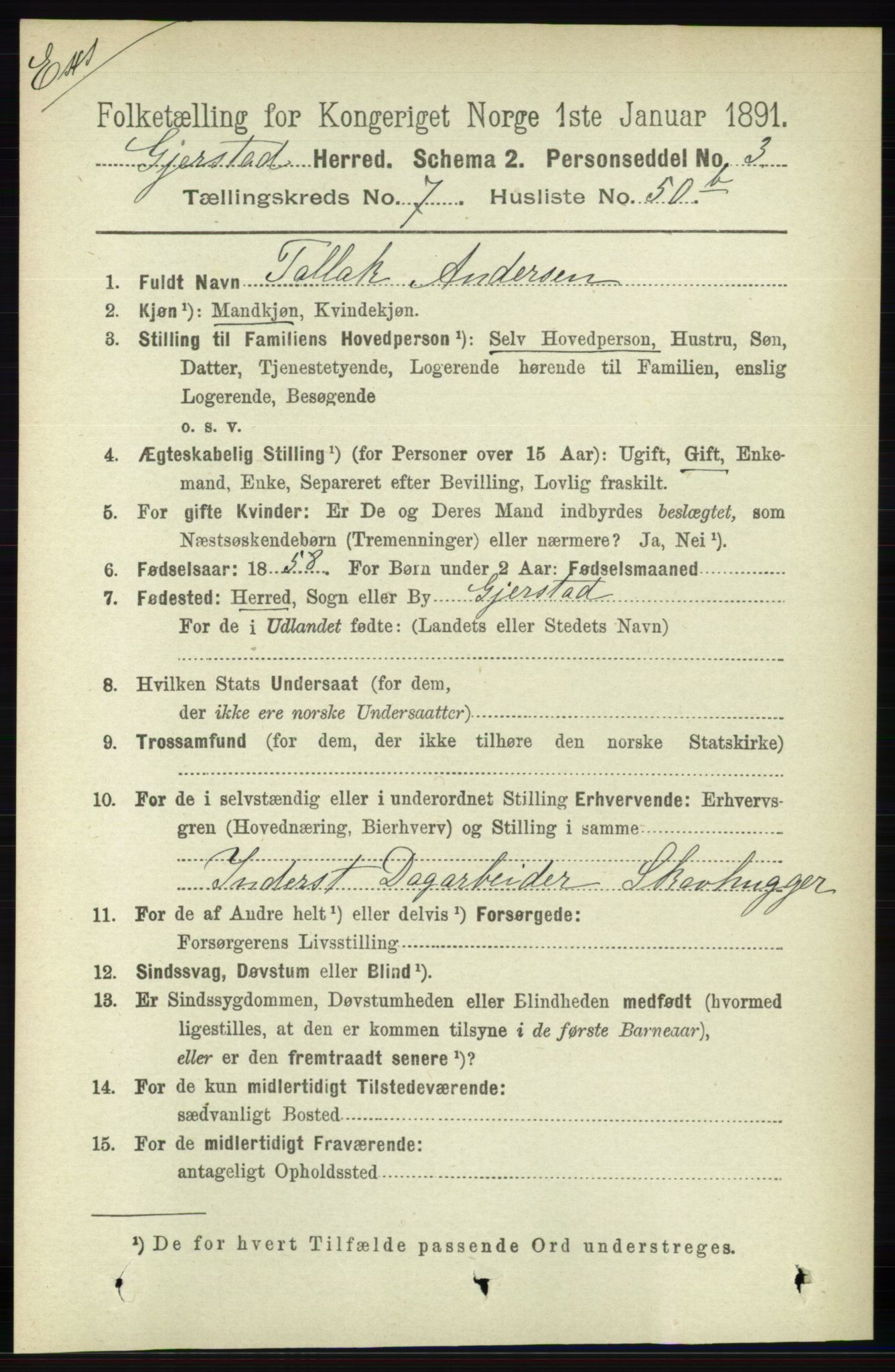 RA, Census 1891 for Nedenes amt: Gjenparter av personsedler for beslektede ektefeller, menn, 1891, p. 102