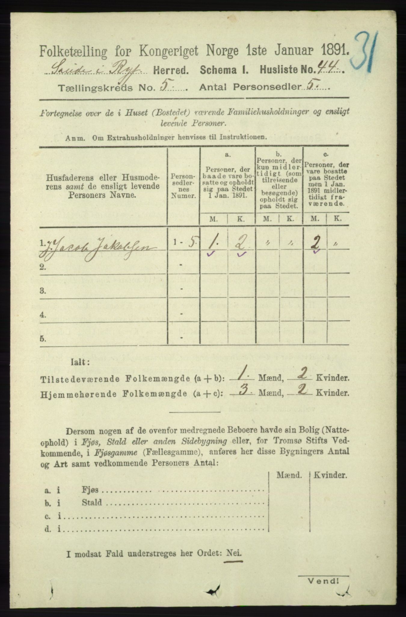 RA, 1891 census for 1135 Sauda, 1891, p. 2206