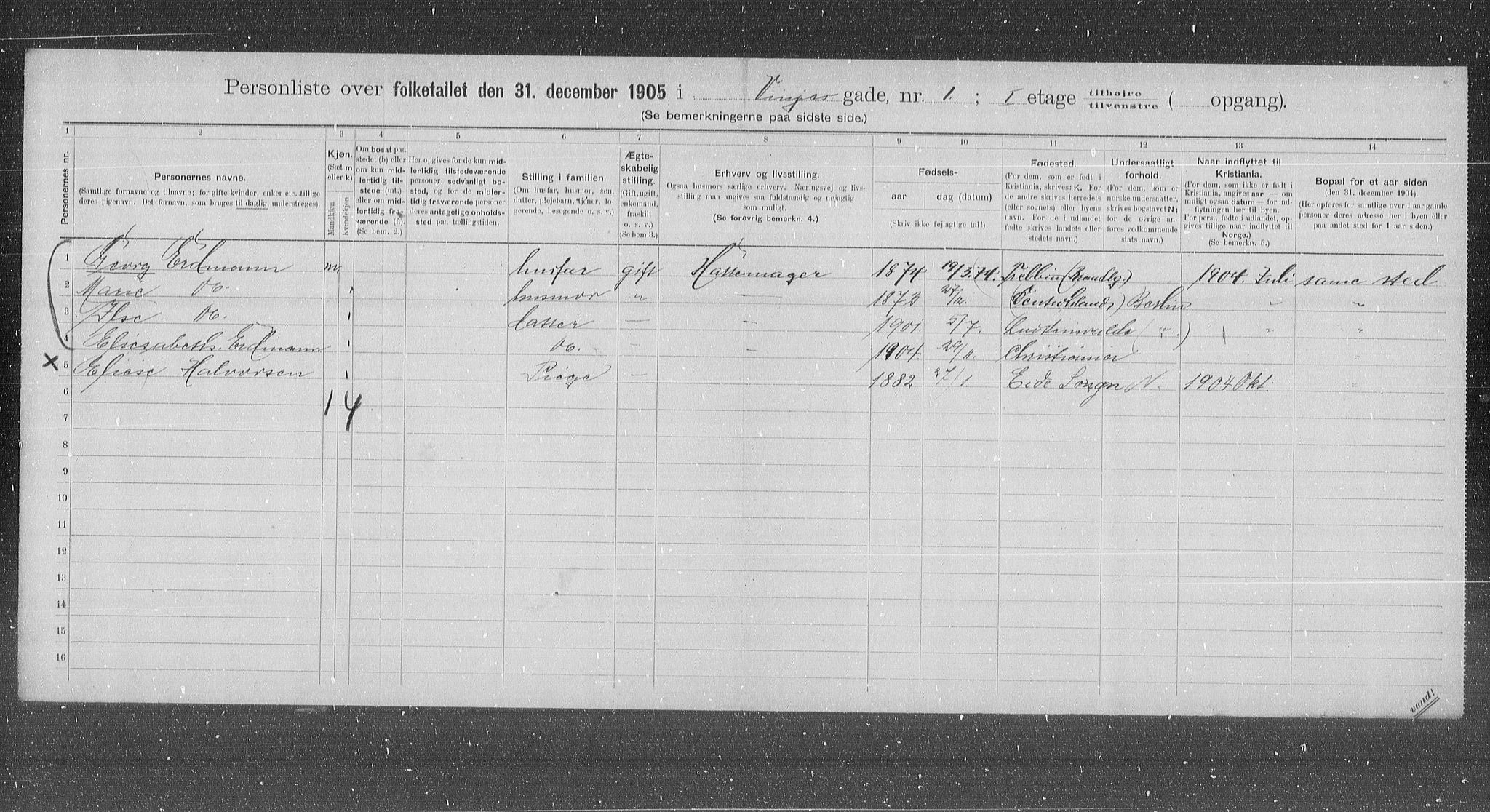 OBA, Municipal Census 1905 for Kristiania, 1905, p. 65238