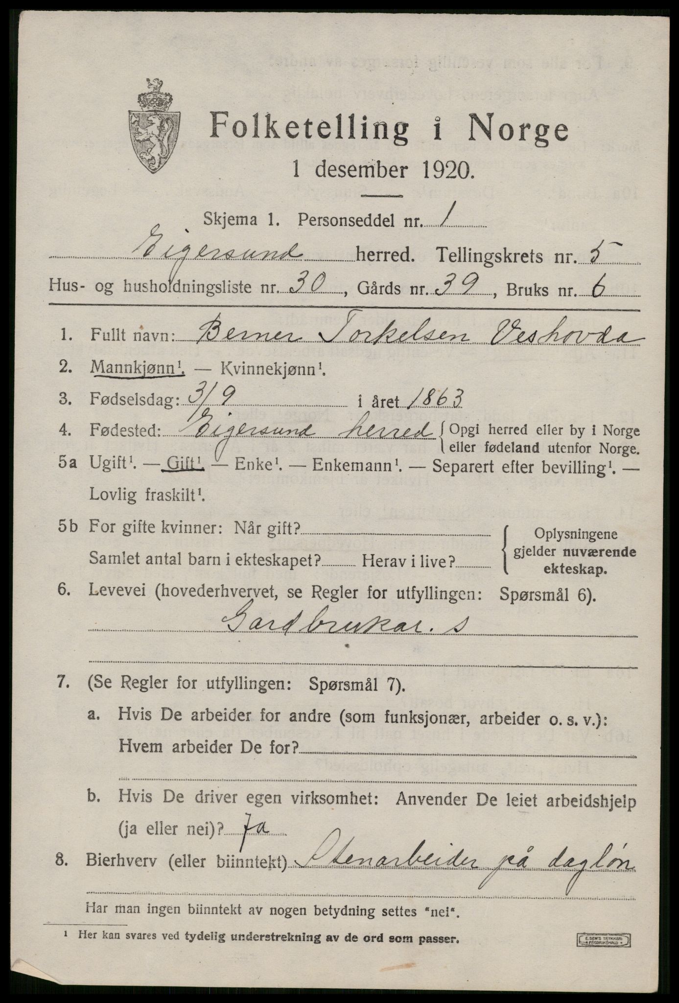 SAST, 1920 census for Eigersund, 1920, p. 3873