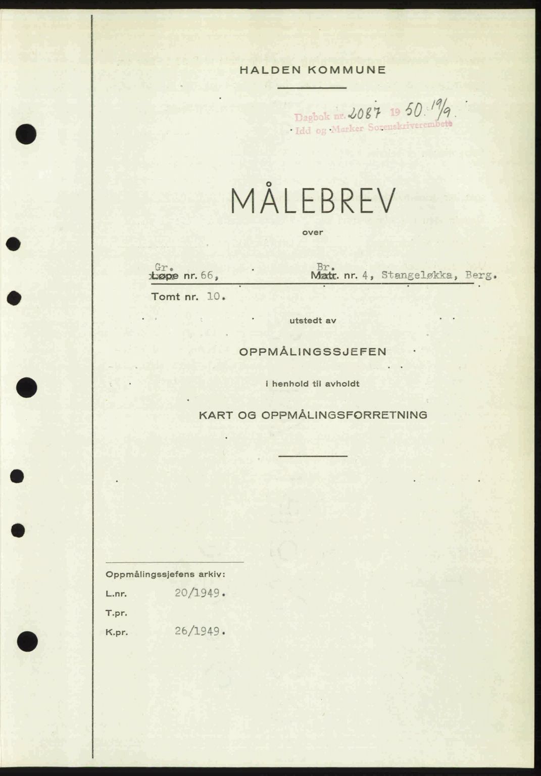 Idd og Marker sorenskriveri, AV/SAO-A-10283/G/Gb/Gbb/L0015: Mortgage book no. A15, 1950-1950, Diary no: : 2087/1950