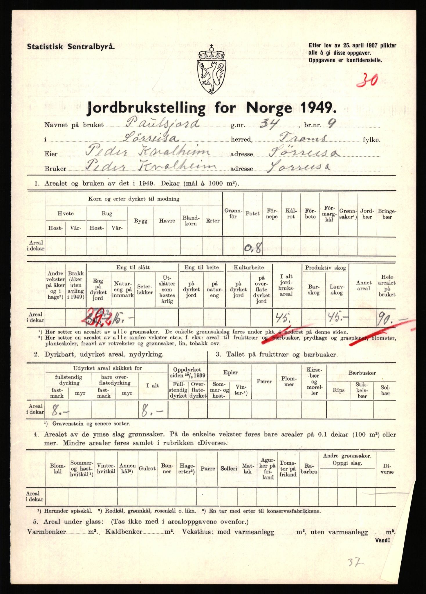 Statistisk sentralbyrå, Næringsøkonomiske emner, Jordbruk, skogbruk, jakt, fiske og fangst, AV/RA-S-2234/G/Gc/L0440: Troms: Sørreisa og Dyrøy, 1949, p. 533