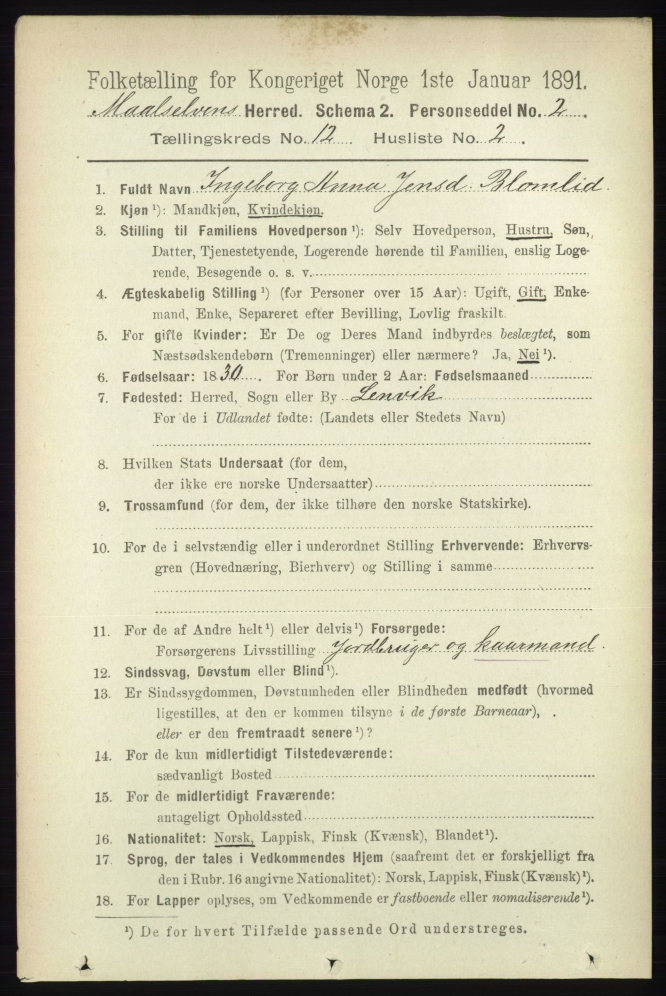 RA, 1891 census for 1924 Målselv, 1891, p. 3801