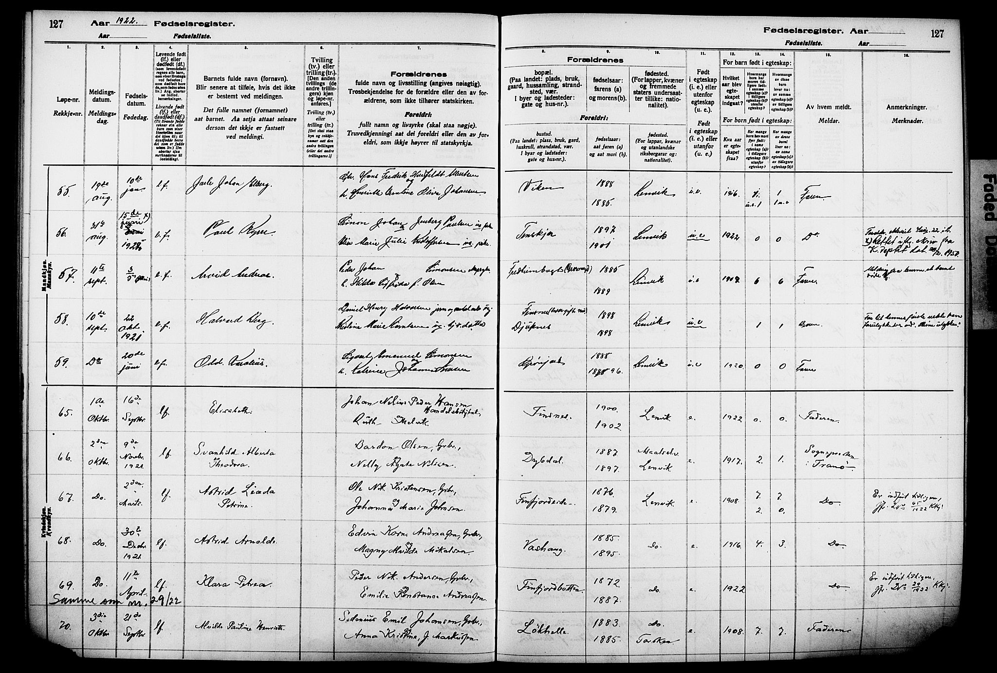 Lenvik sokneprestembete, AV/SATØ-S-1310/I/Ic/L0089: Birth register no. 89, 1916-1926, p. 127