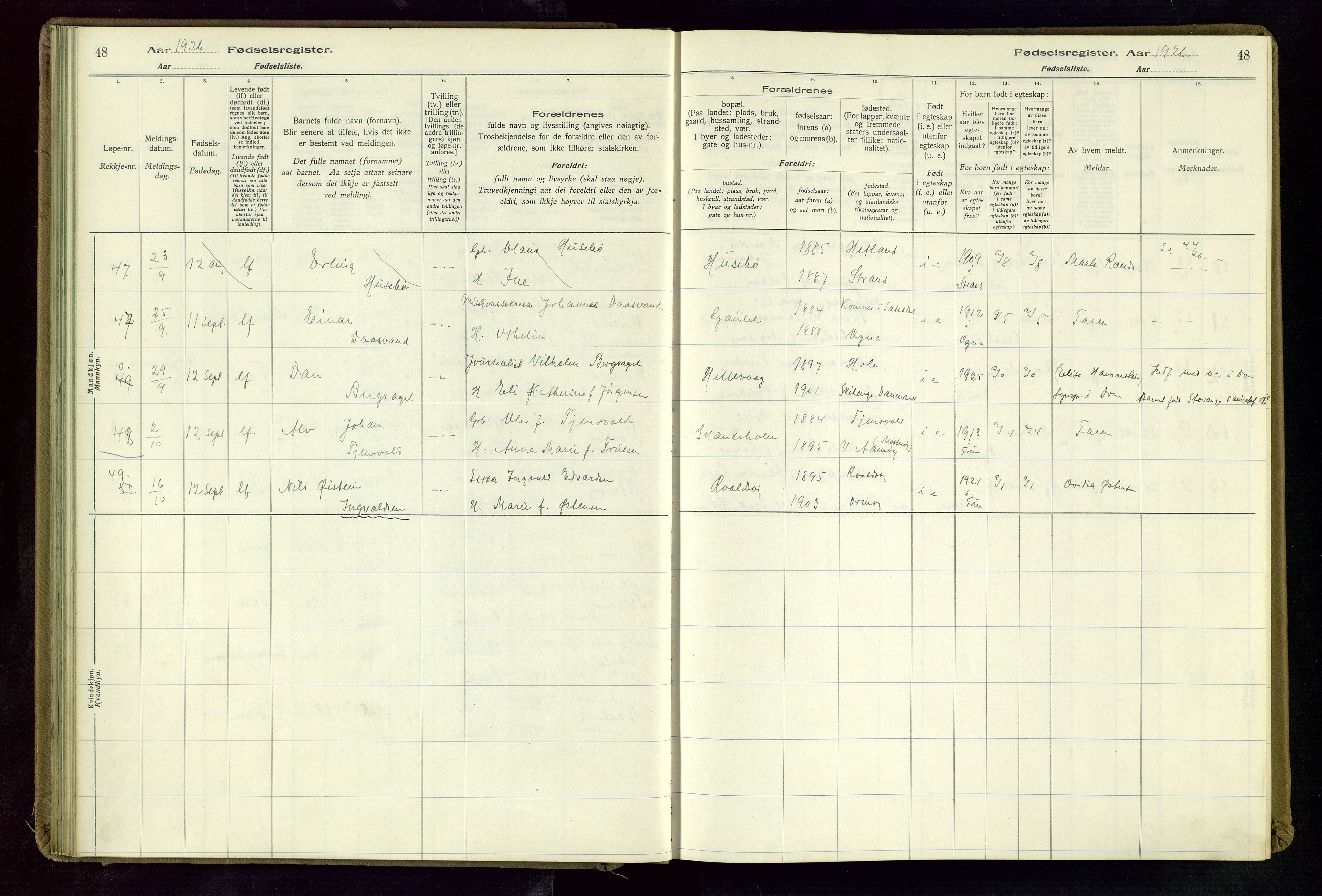 Hetland sokneprestkontor, AV/SAST-A-101826/70/704BA/L0004: Birth register no. 4, 1923-1937, p. 48