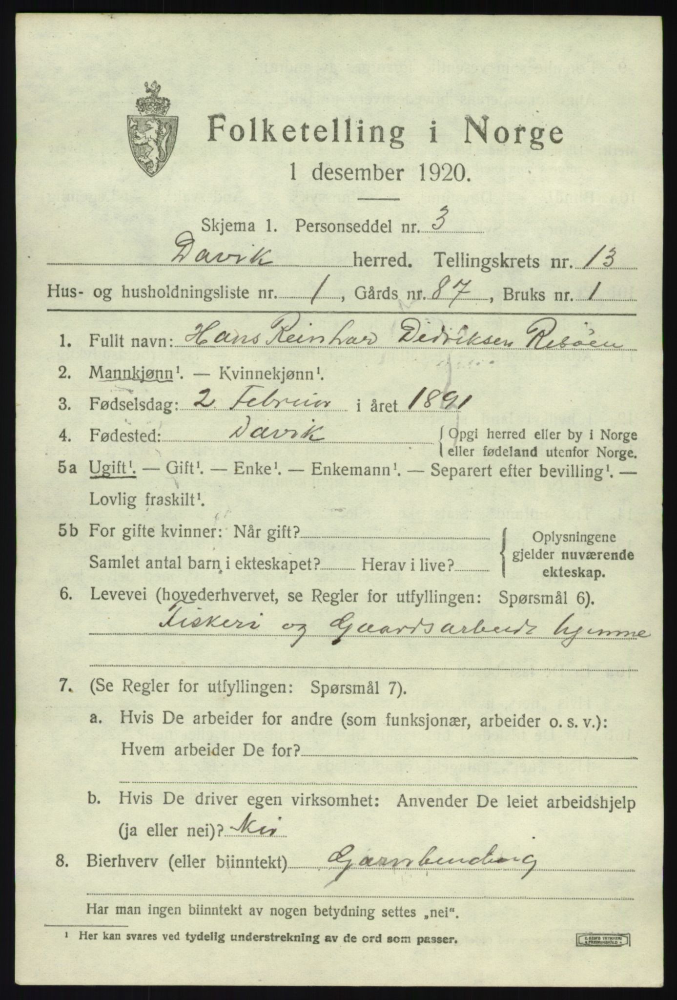 SAB, 1920 census for Davik, 1920, p. 6073