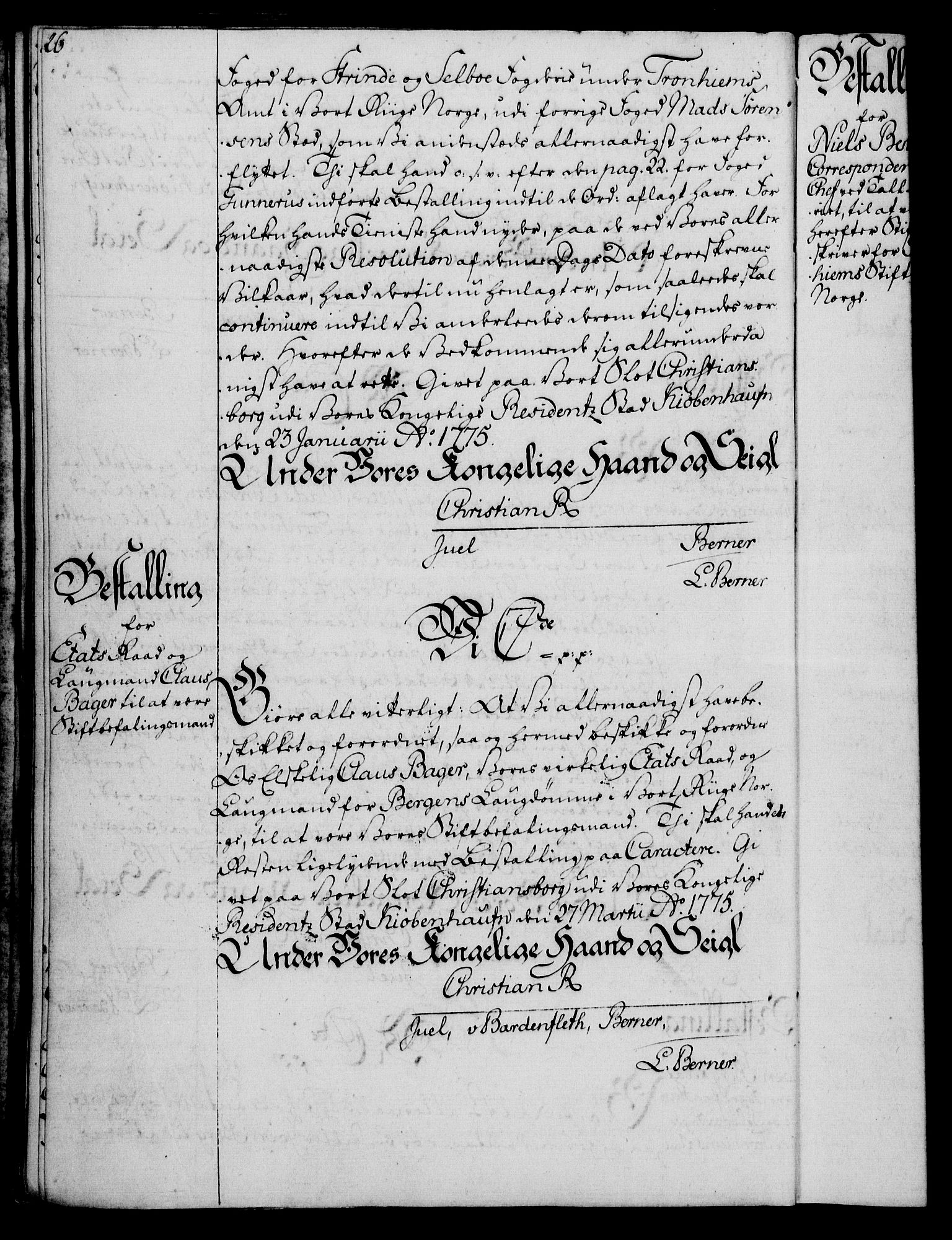 Rentekammeret, Kammerkanselliet, RA/EA-3111/G/Gg/Gge/L0006: Norsk bestallingsprotokoll med register (merket RK 53.30), 1773-1814, p. 26
