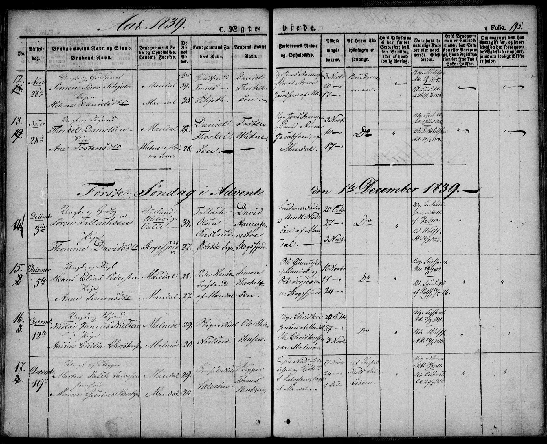 Mandal sokneprestkontor, AV/SAK-1111-0030/F/Fa/Faa/L0011: Parish register (official) no. A 11, 1830-1839, p. 195