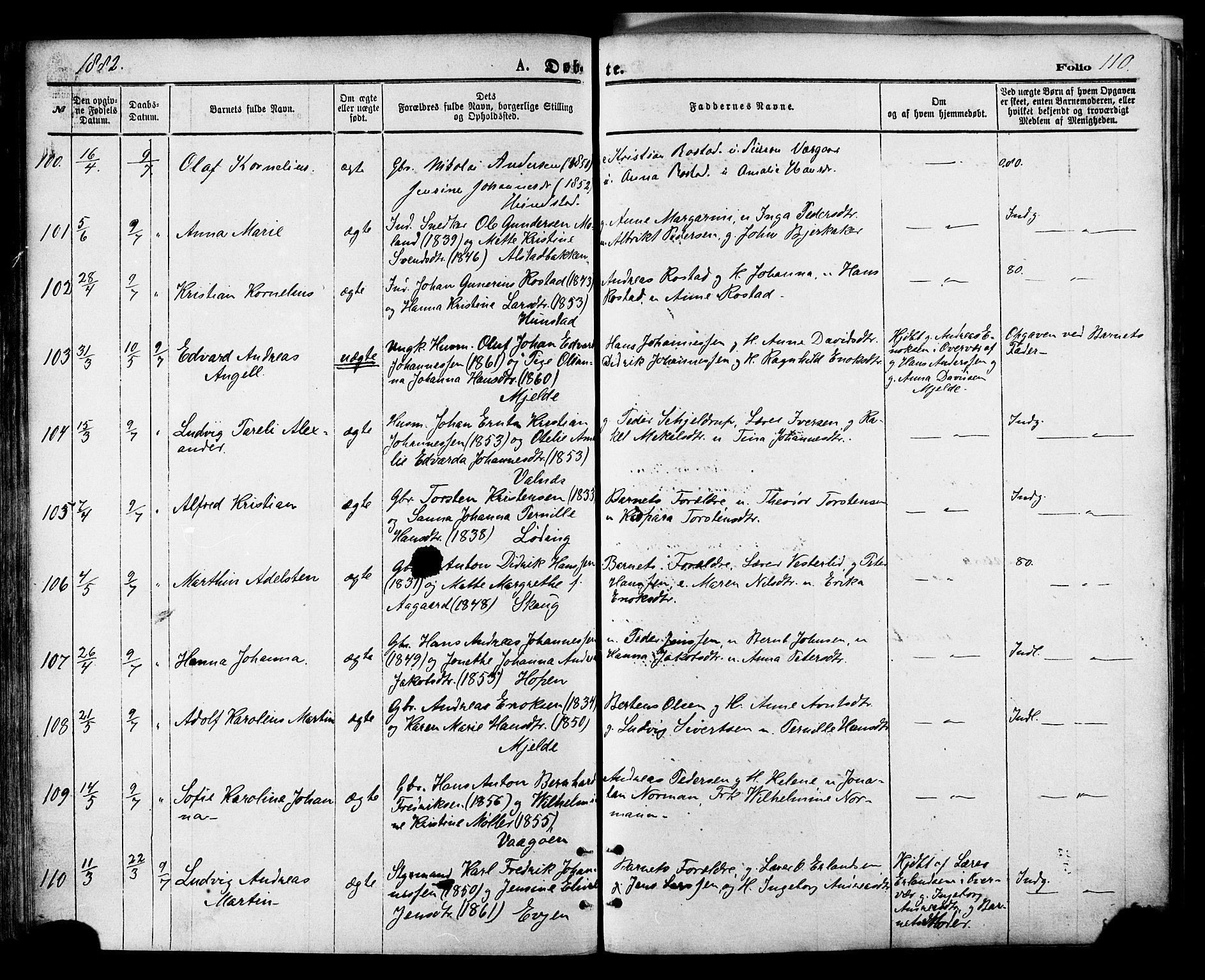 Ministerialprotokoller, klokkerbøker og fødselsregistre - Nordland, SAT/A-1459/801/L0009: Parish register (official) no. 801A09, 1876-1883, p. 110