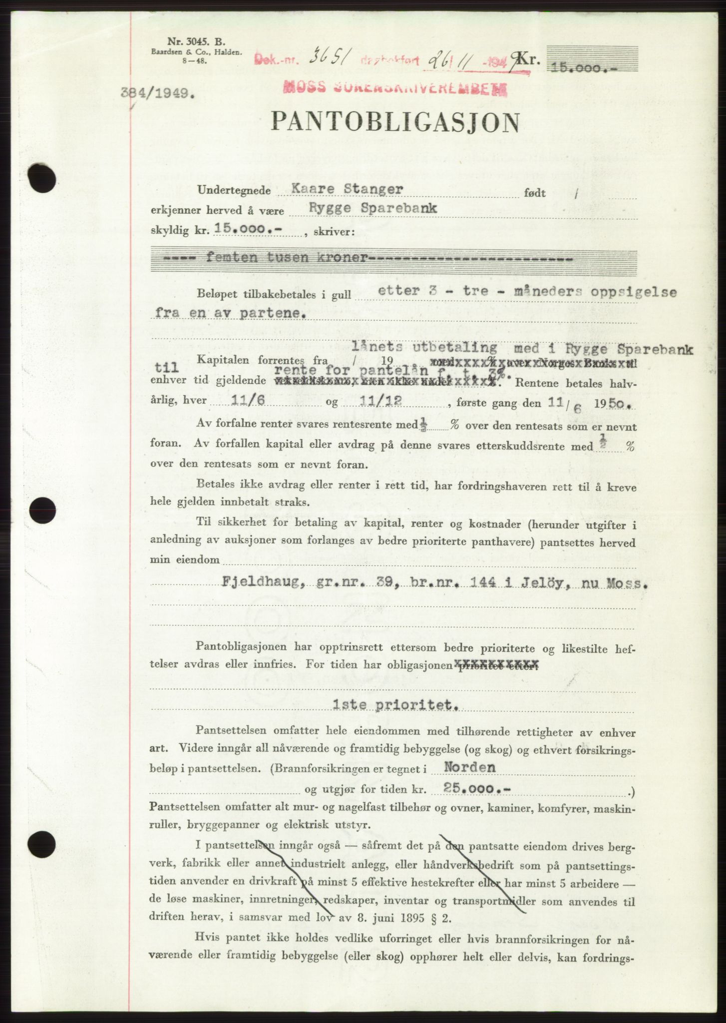 Moss sorenskriveri, SAO/A-10168: Mortgage book no. B23, 1949-1950, Diary no: : 3651/1949
