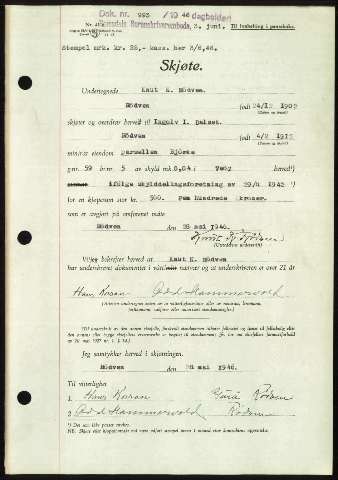 Romsdal sorenskriveri, AV/SAT-A-4149/1/2/2C: Mortgage book no. A20, 1946-1946, Diary no: : 993/1946