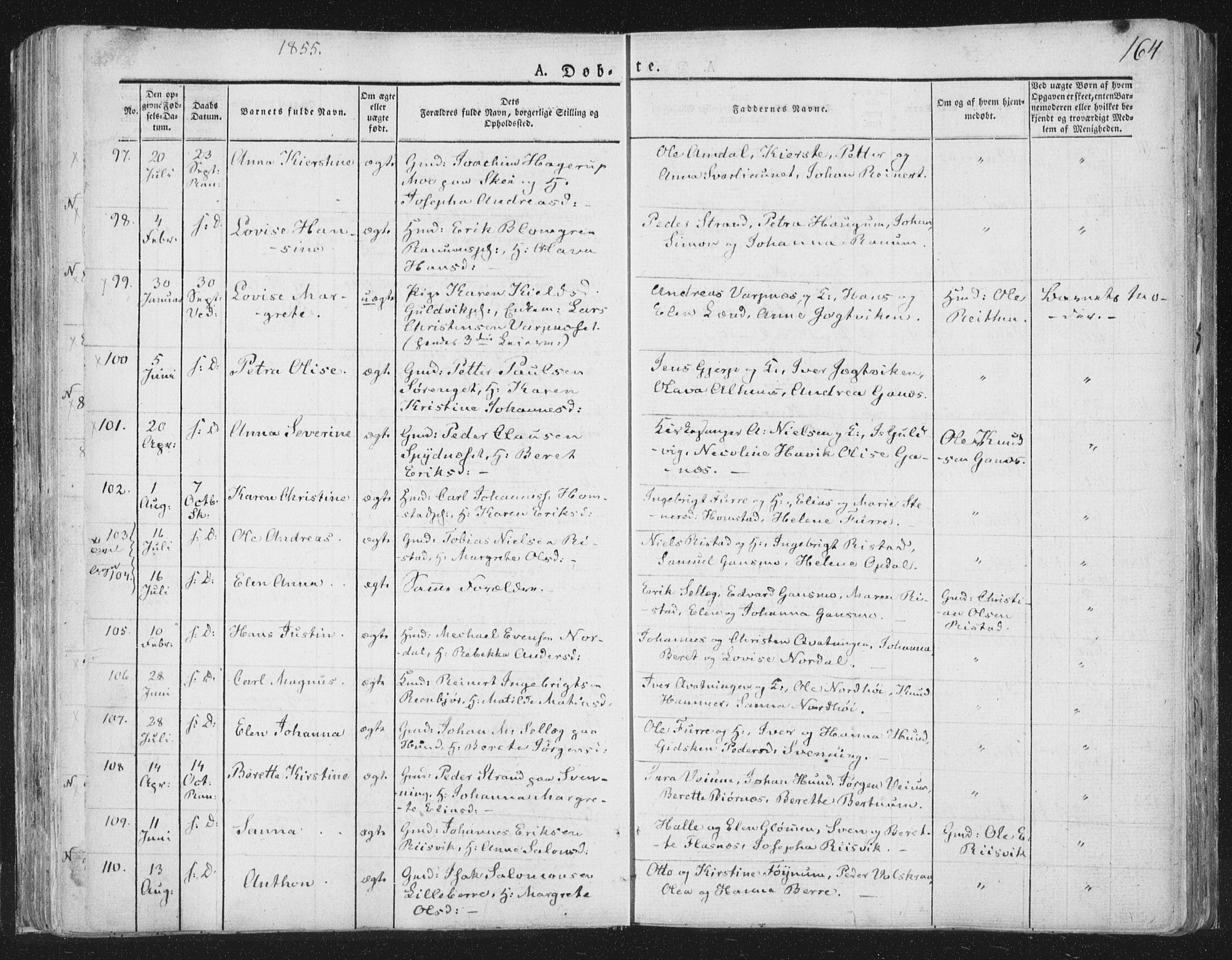 Ministerialprotokoller, klokkerbøker og fødselsregistre - Nord-Trøndelag, AV/SAT-A-1458/764/L0551: Parish register (official) no. 764A07a, 1824-1864, p. 164