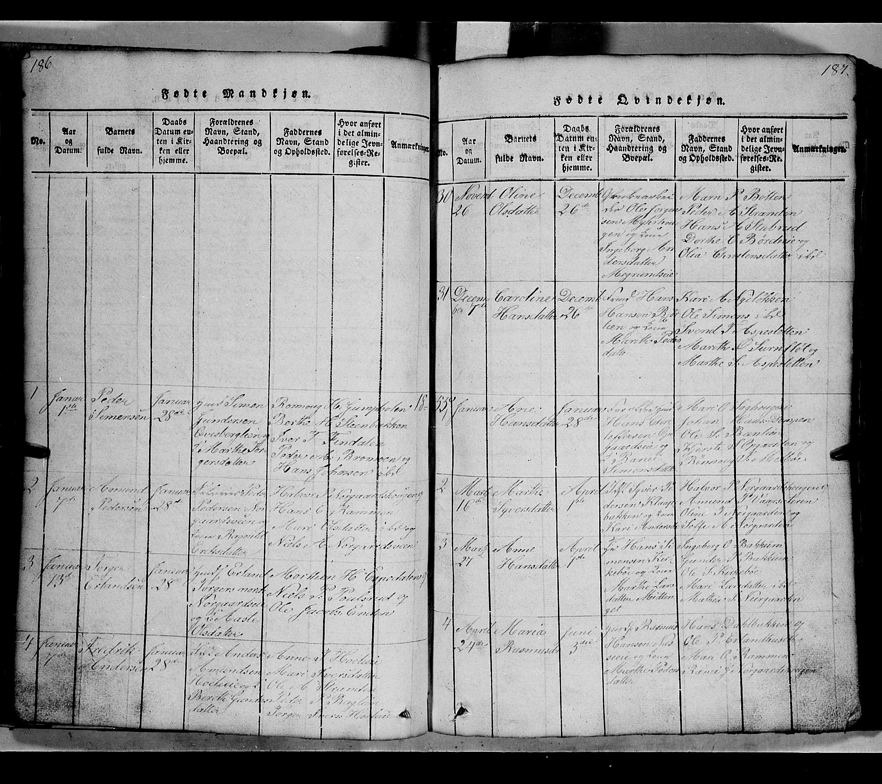 Gausdal prestekontor, SAH/PREST-090/H/Ha/Hab/L0002: Parish register (copy) no. 2, 1818-1874, p. 186-187