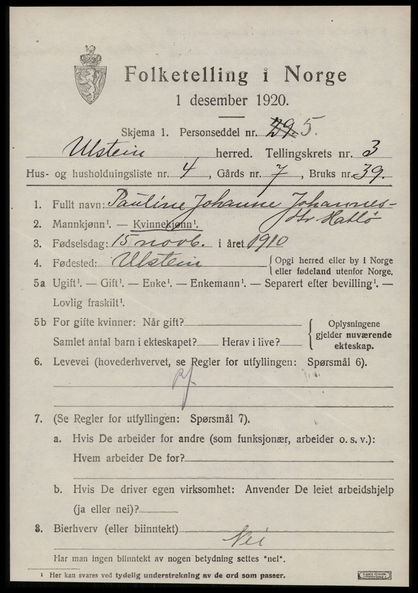 SAT, 1920 census for Ulstein, 1920, p. 1680