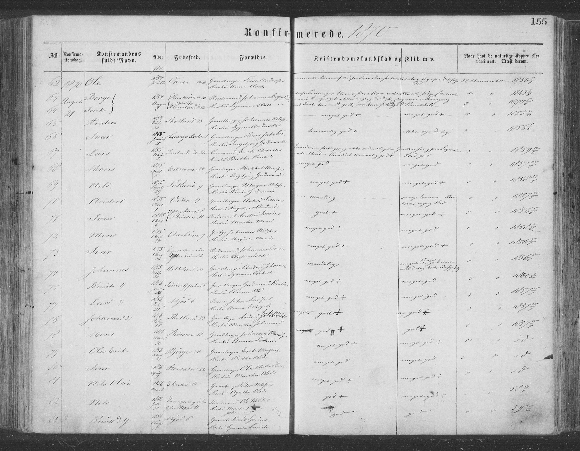 Hosanger sokneprestembete, AV/SAB-A-75801/H/Haa: Parish register (official) no. A 9, 1864-1876, p. 155