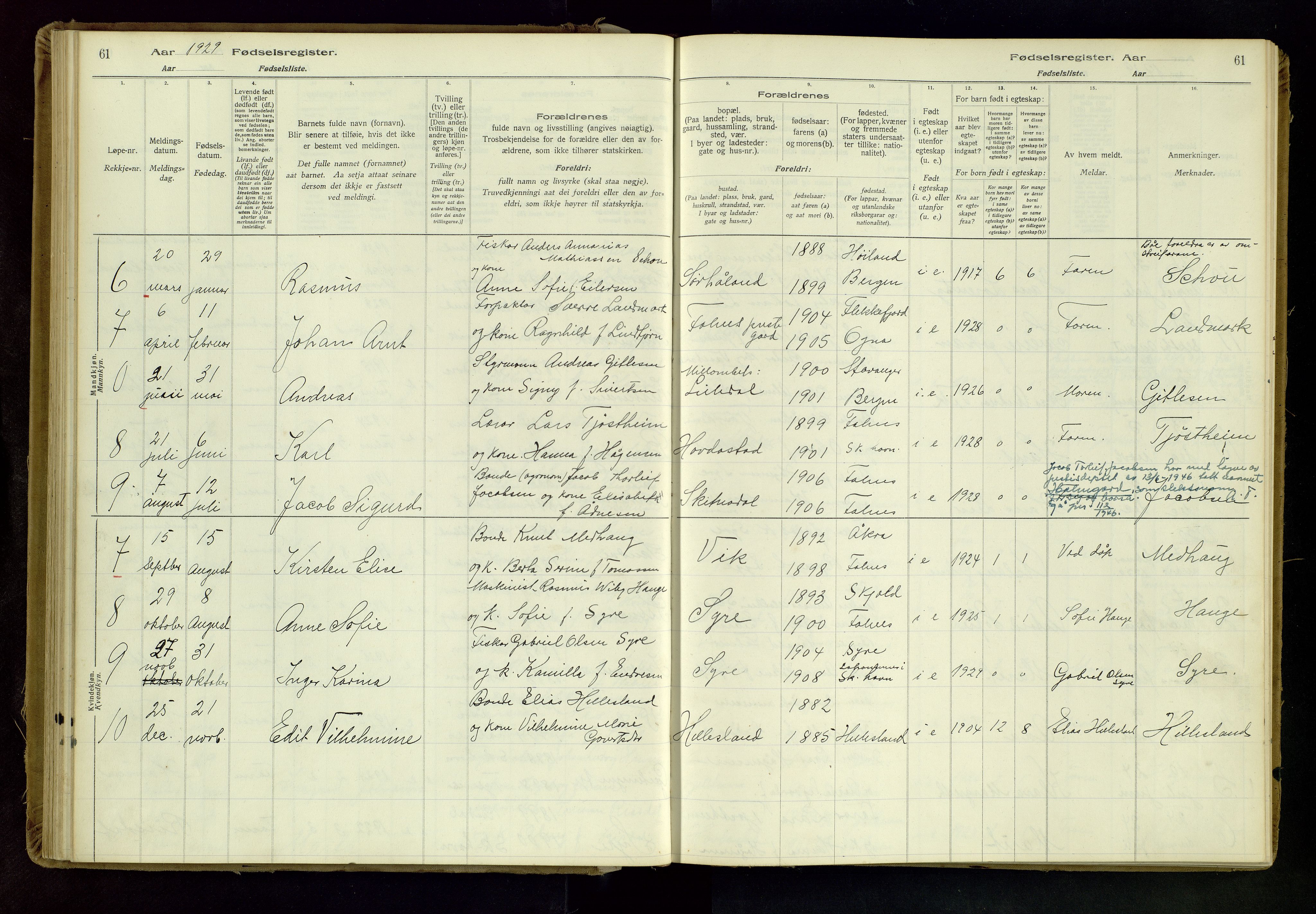 Skudenes sokneprestkontor, AV/SAST-A -101849/I/Id/L0001: Birth register no. 1, 1916-1964, p. 61