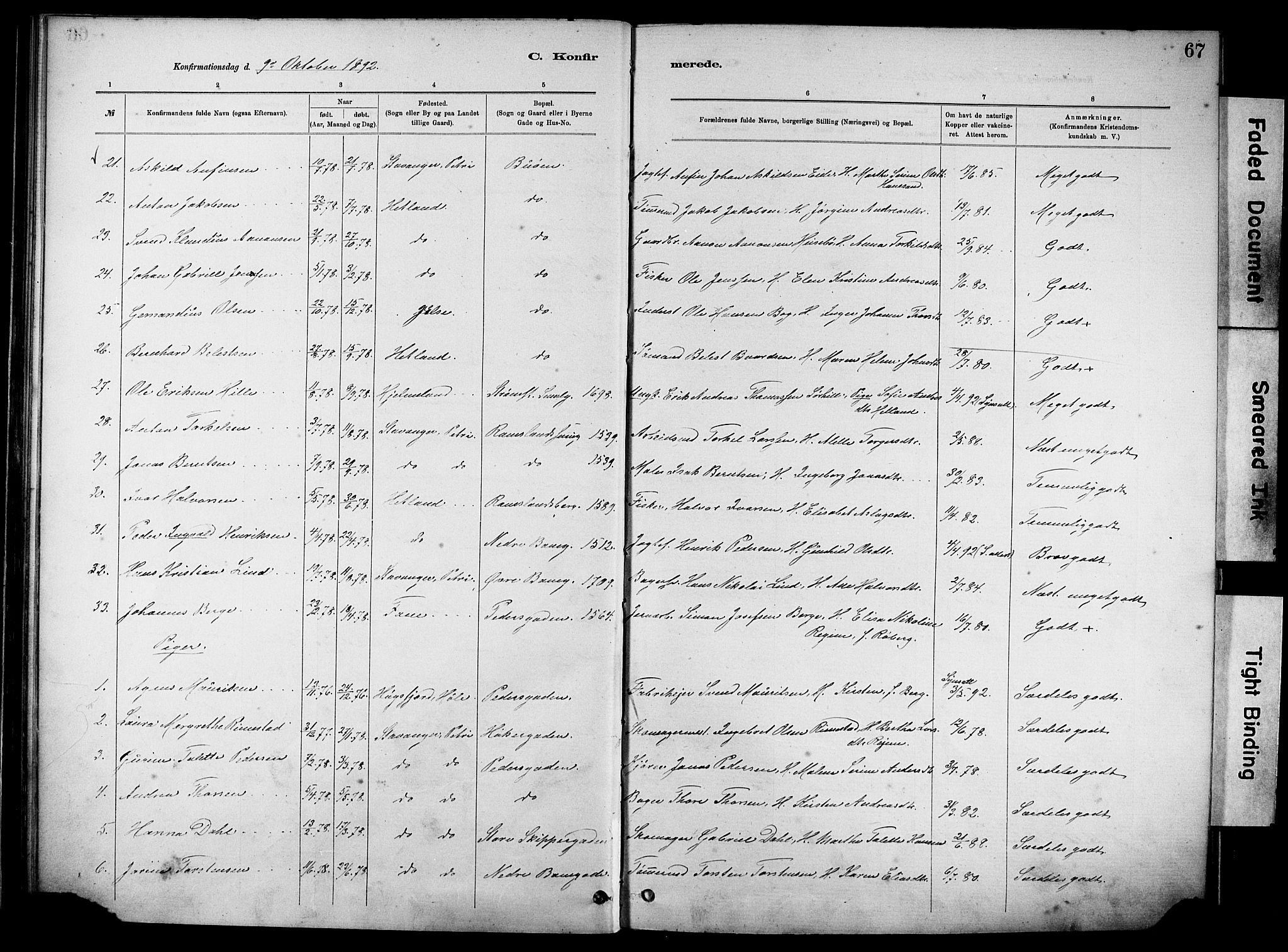 St. Johannes sokneprestkontor, SAST/A-101814/001/30/30BA/L0002: Parish register (official) no. A 2, 1885-1899, p. 67