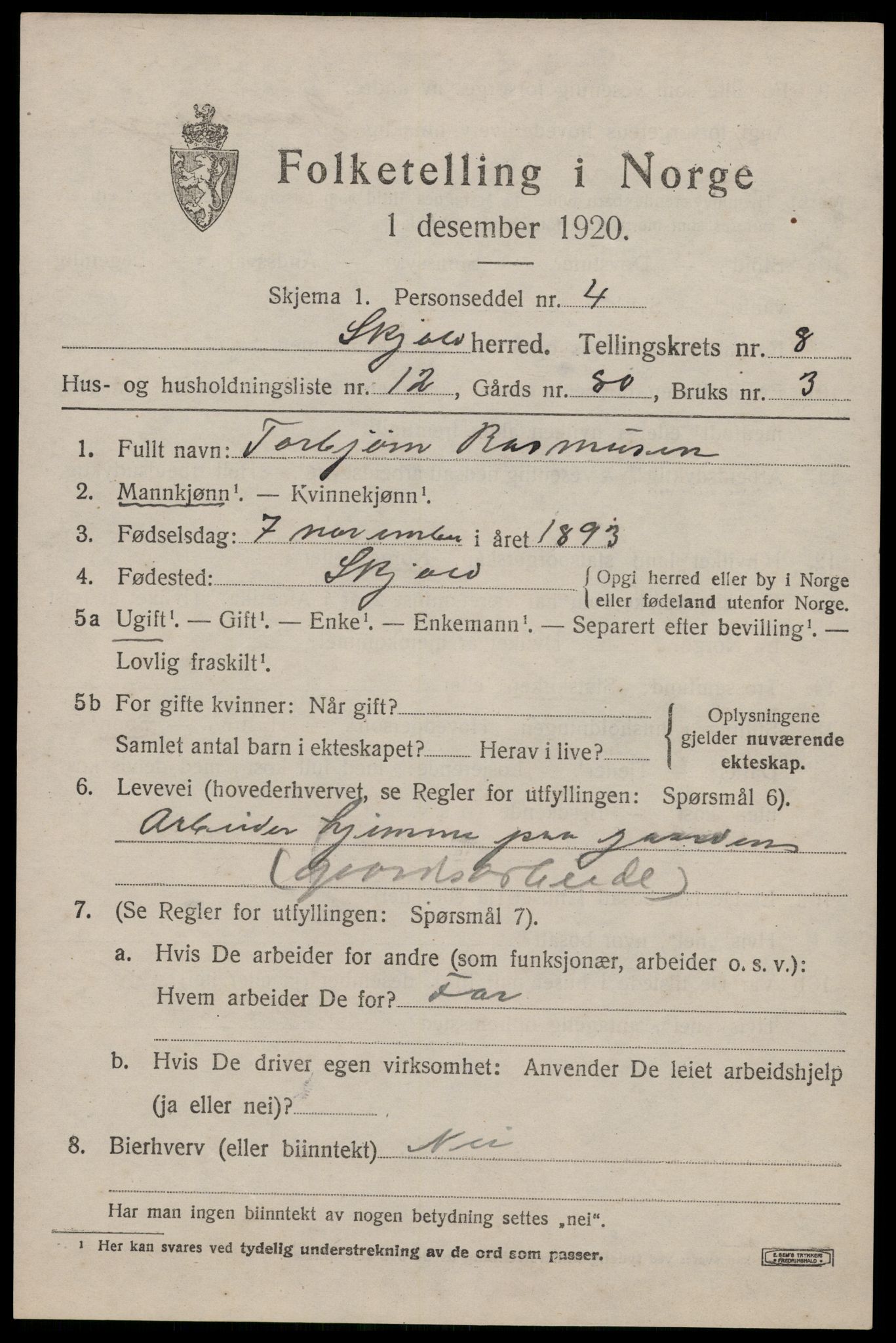 SAST, 1920 census for Skjold, 1920, p. 4310