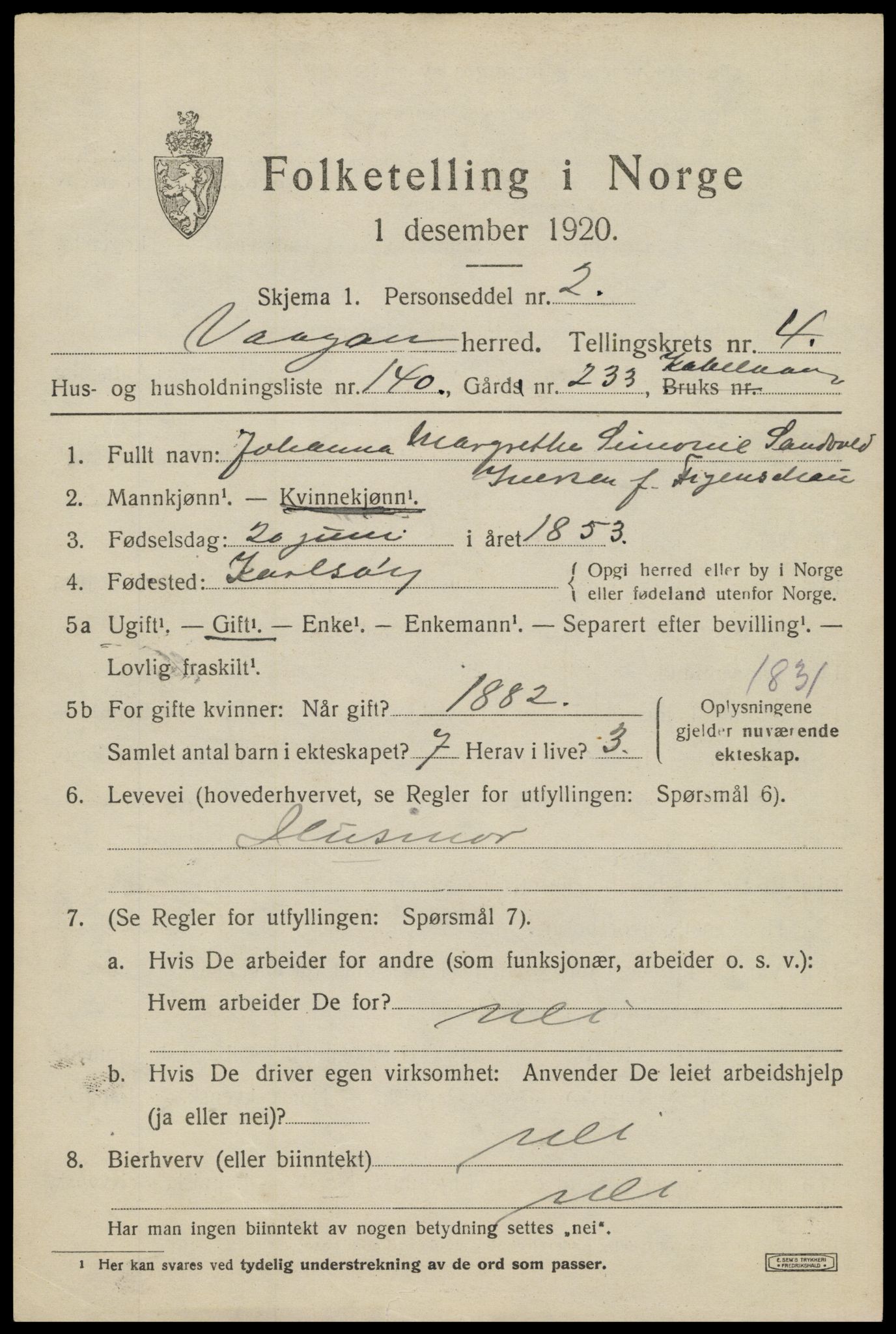 SAT, 1920 census for Vågan, 1920, p. 5025