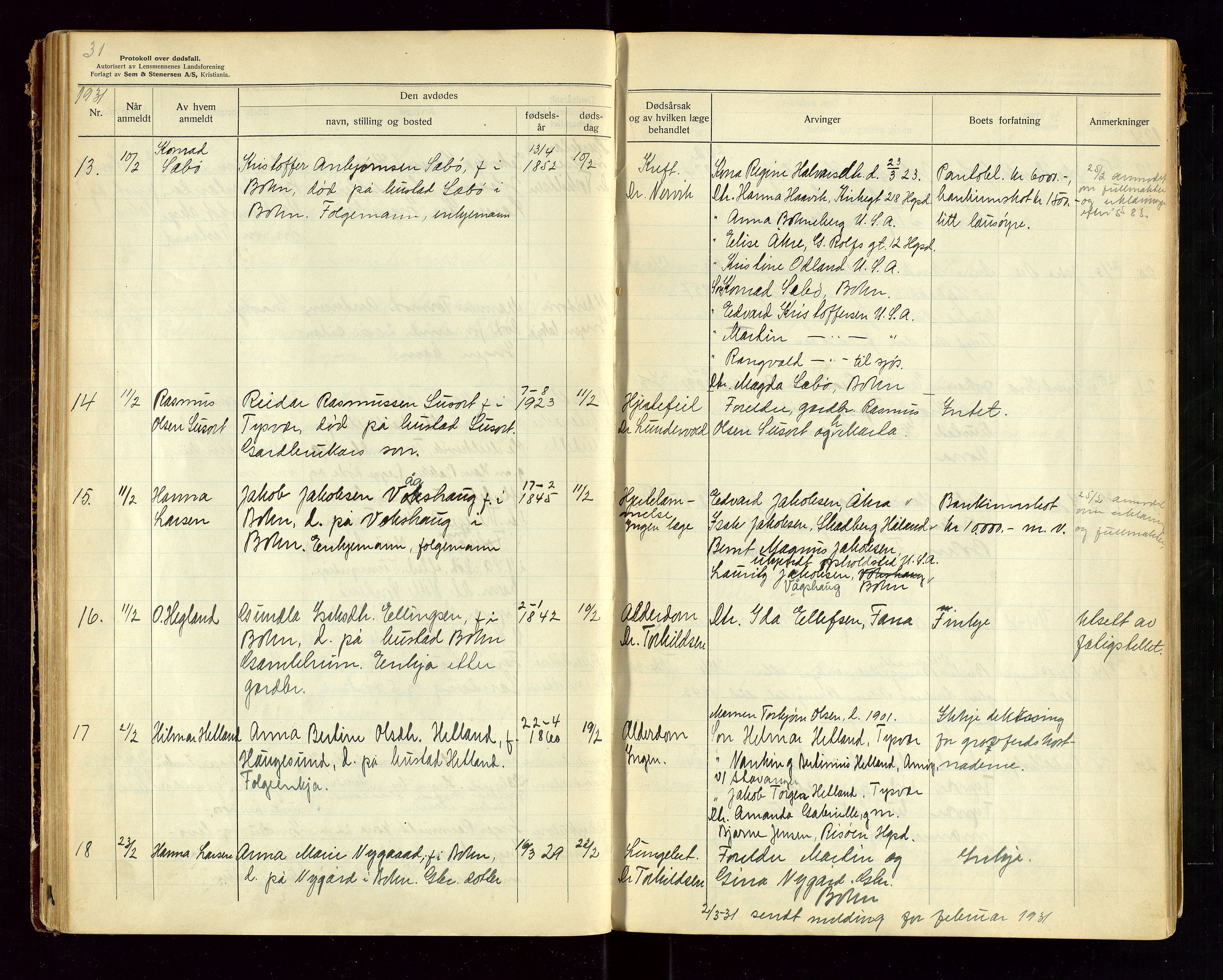 Tysvær lensmannskontor, AV/SAST-A-100192/Gga/L0004: "Protokol over anmeldte dødsfall i Tysvær lensmanndsdistrikt" med register, 1927-1949, p. 31