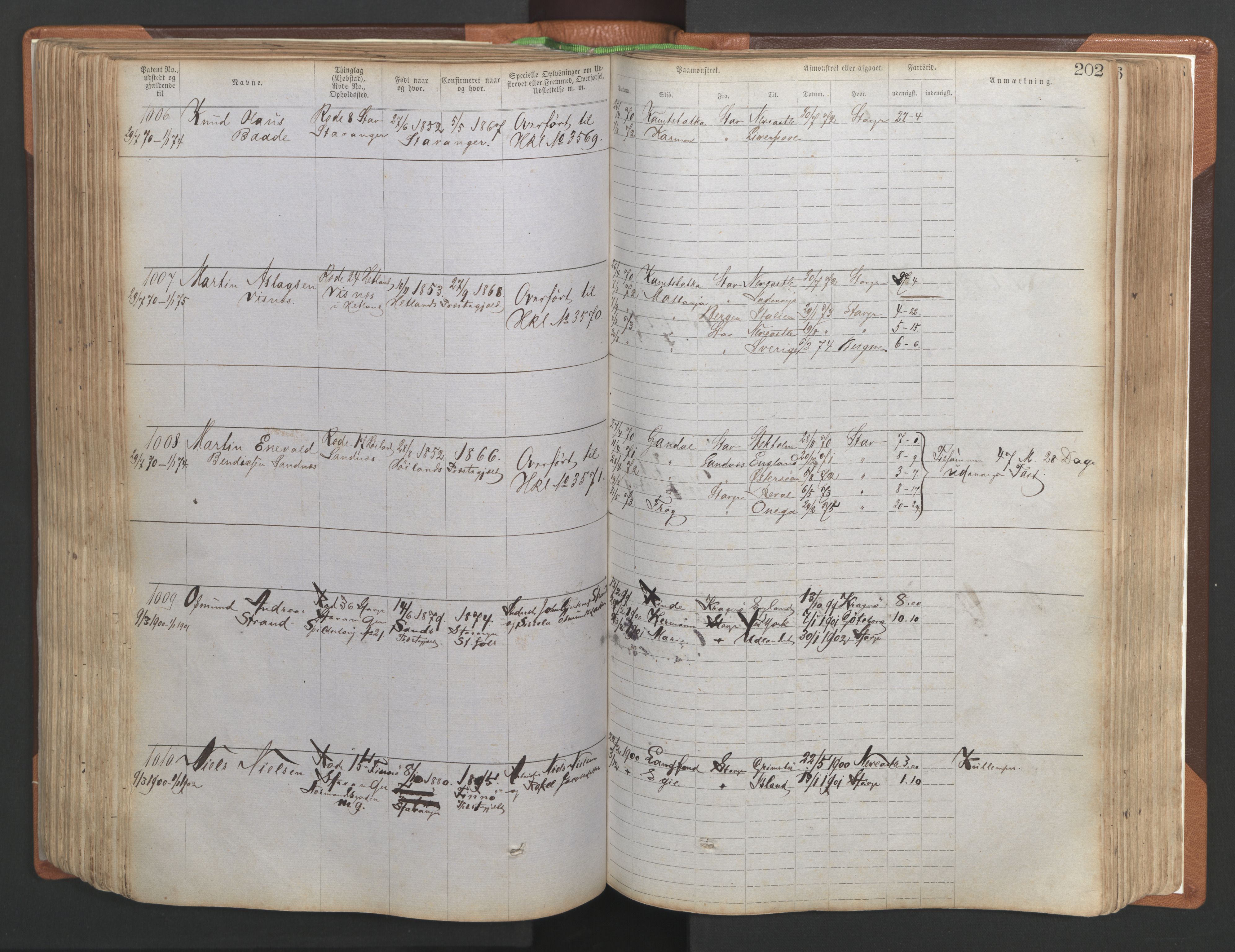 Stavanger sjømannskontor, AV/SAST-A-102006/F/Ff/L0004: Annotasjonsrulle No. 1, patentnr. 1-1785 (del 1), 1869-1900, p. 206