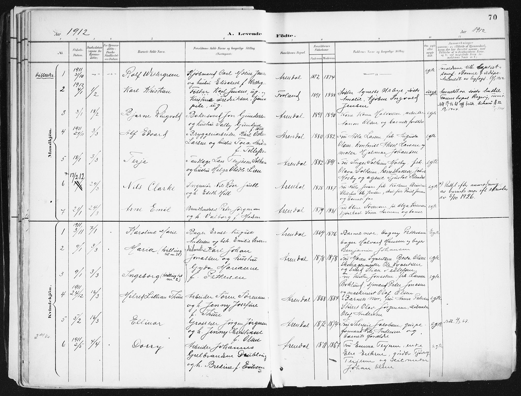 Arendal sokneprestkontor, Trefoldighet, SAK/1111-0040/F/Fa/L0010: Parish register (official) no. A 10, 1900-1919, p. 70