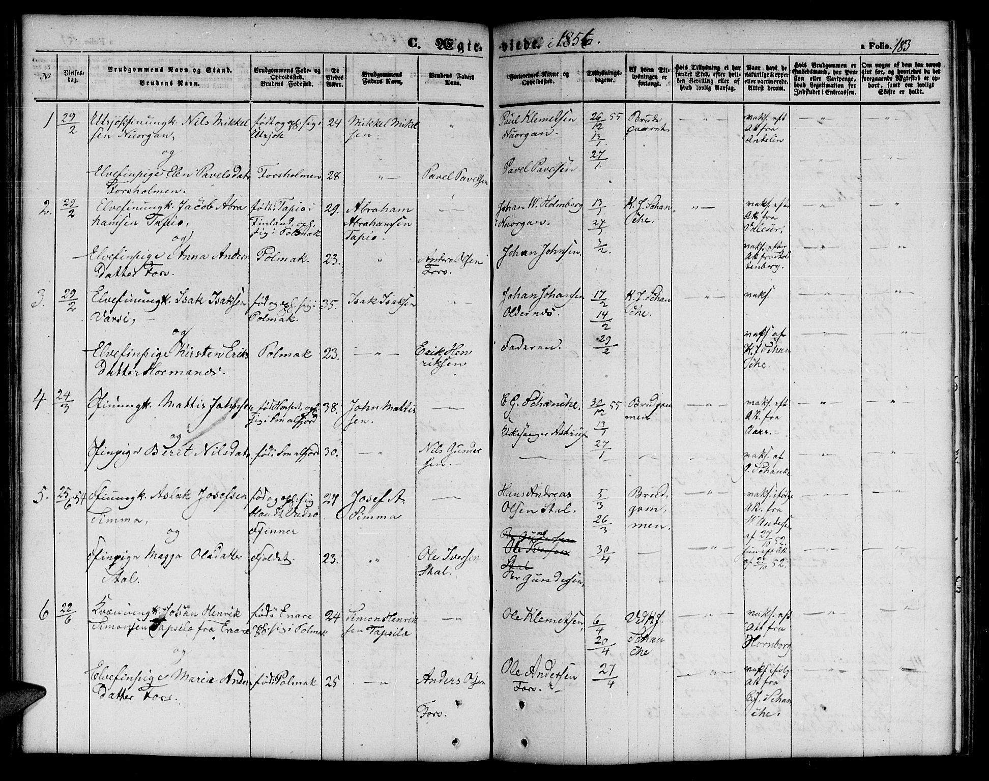Tana sokneprestkontor, AV/SATØ-S-1334/H/Hb/L0001klokker: Parish register (copy) no. 1 /1, 1853-1867, p. 183