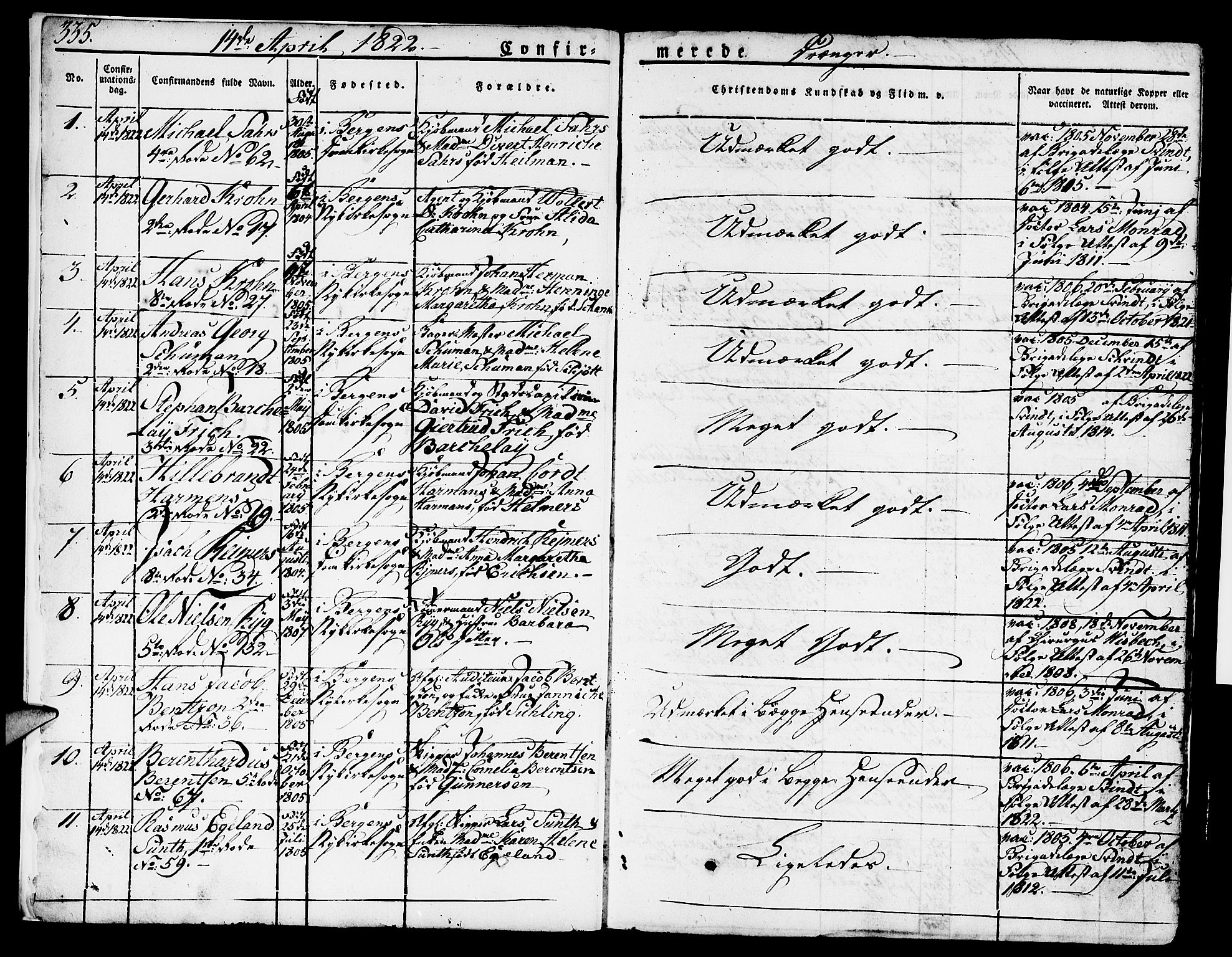 Nykirken Sokneprestembete, SAB/A-77101/H/Hab: Parish register (copy) no. A 5II, 1821-1843, p. 335