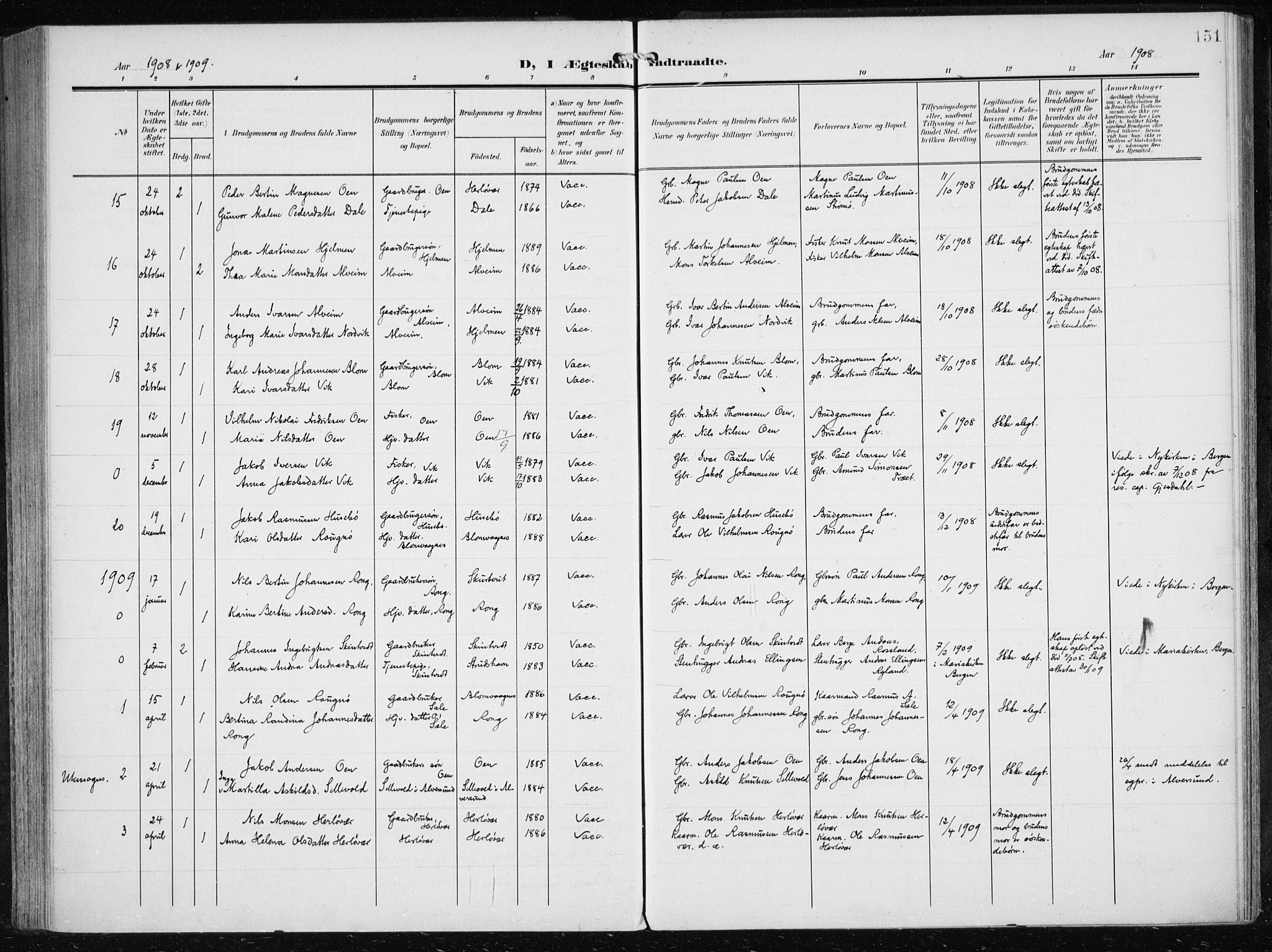 Herdla Sokneprestembete, AV/SAB-A-75701/H/Haa: Parish register (official) no. A 5, 1905-1918, p. 151