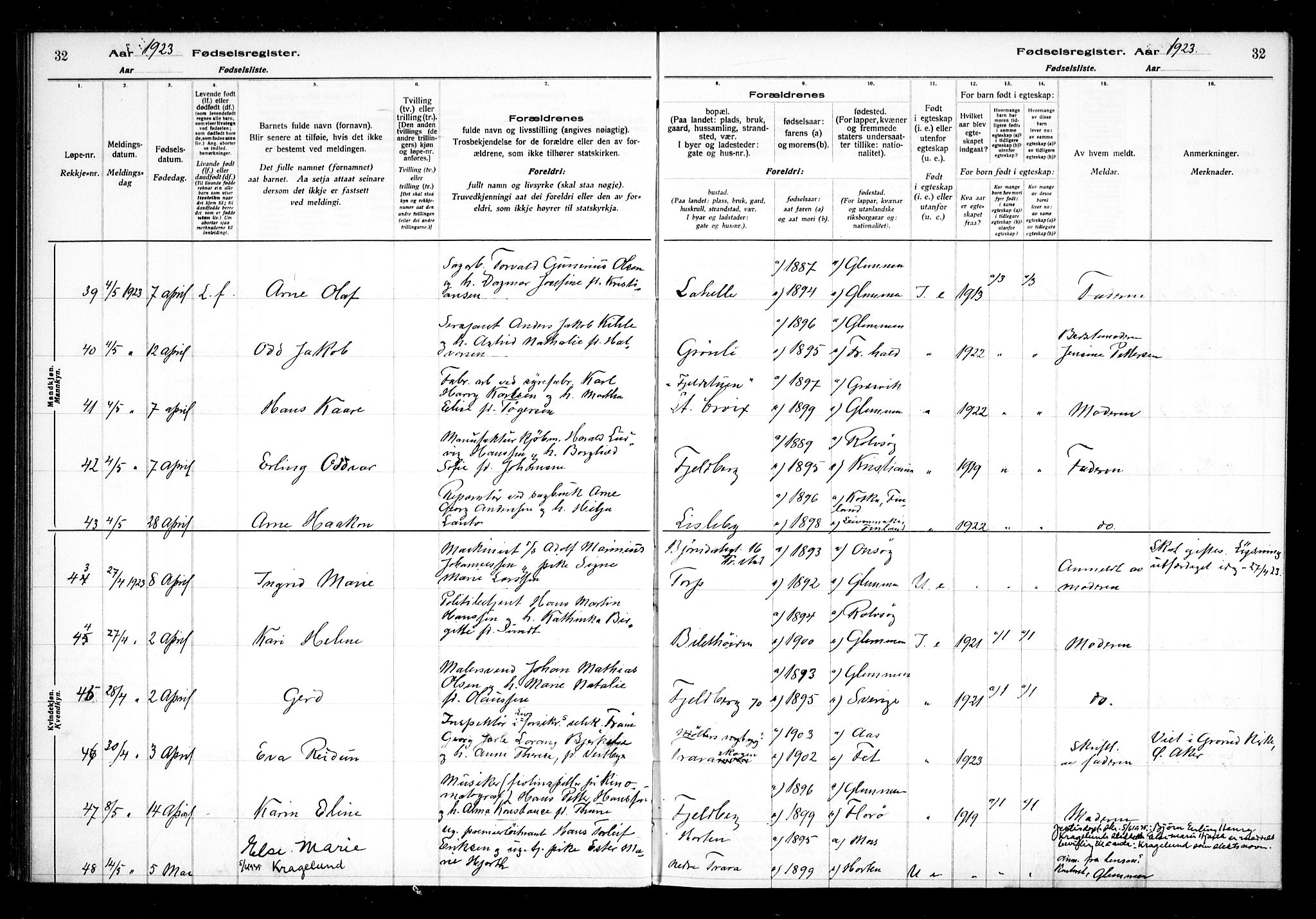 Glemmen prestekontor Kirkebøker, AV/SAO-A-10908/J/Ja/L0002: Birth register no. I 2, 1922-1929, p. 32