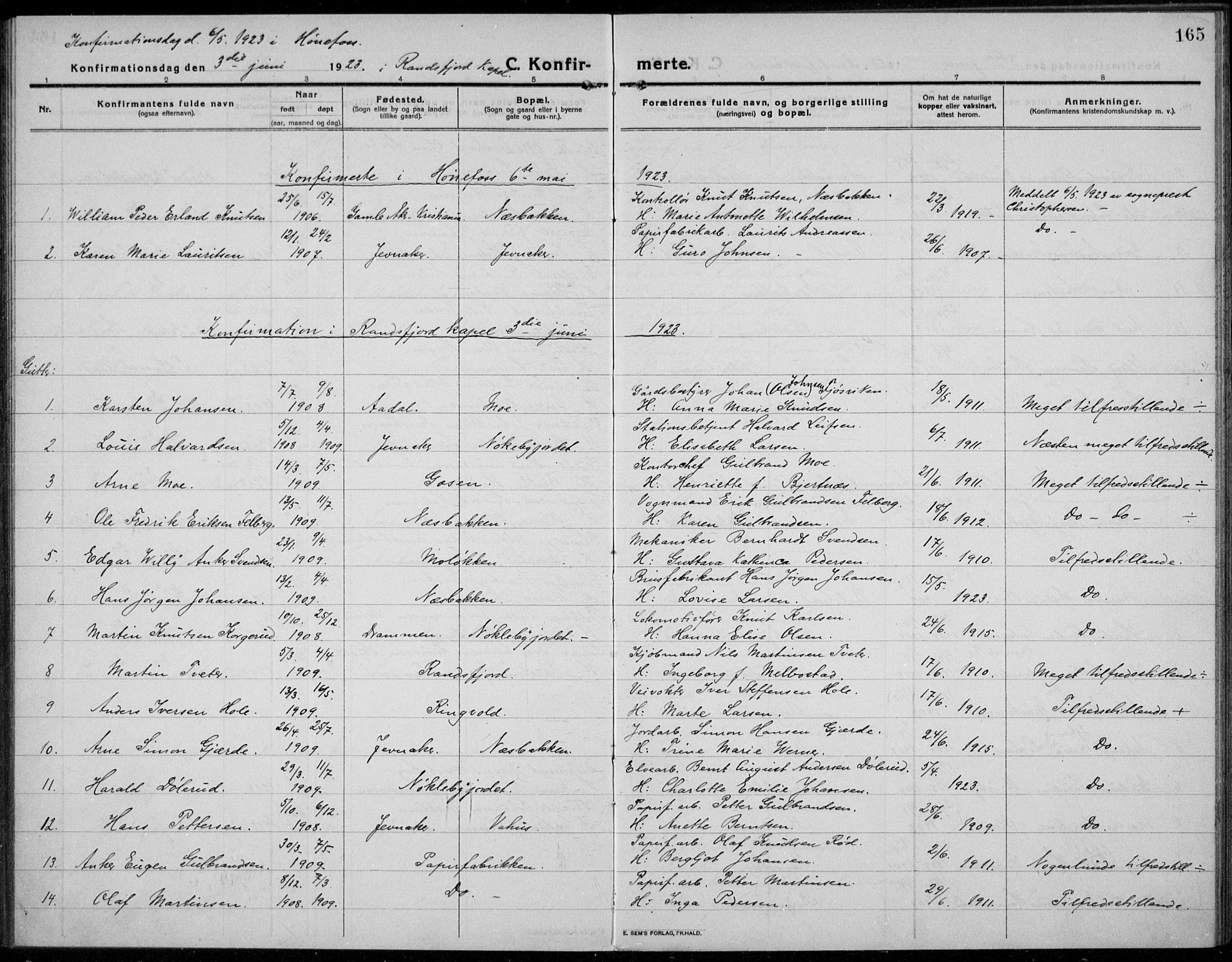 Jevnaker prestekontor, SAH/PREST-116/H/Ha/Haa/L0012: Parish register (official) no. 12, 1914-1924, p. 165