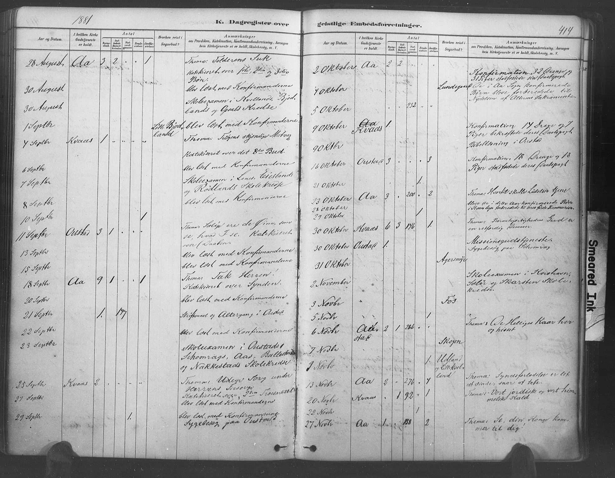 Lyngdal sokneprestkontor, AV/SAK-1111-0029/F/Fa/Fac/L0011: Parish register (official) no. A 11, 1878-1893, p. 414