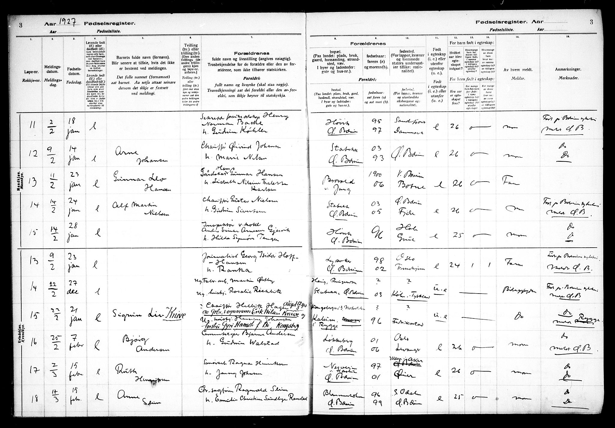 Vestre Bærum prestekontor Kirkebøker, AV/SAO-A-10209a/J/L0002: Birth register no. 2, 1927-1933, p. 3