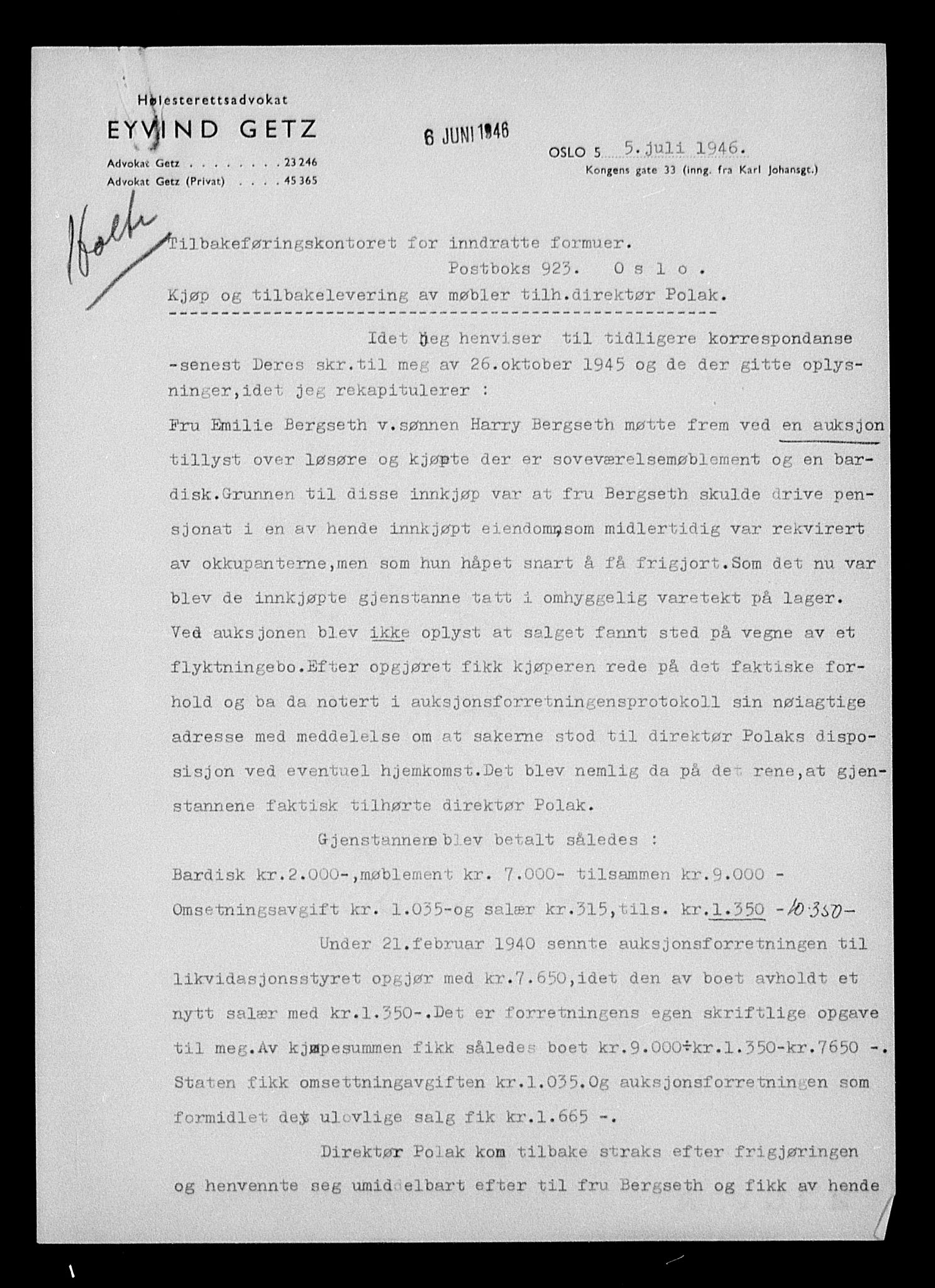 Justisdepartementet, Tilbakeføringskontoret for inndratte formuer, AV/RA-S-1564/H/Hc/Hcc/L0970: --, 1945-1947, p. 270