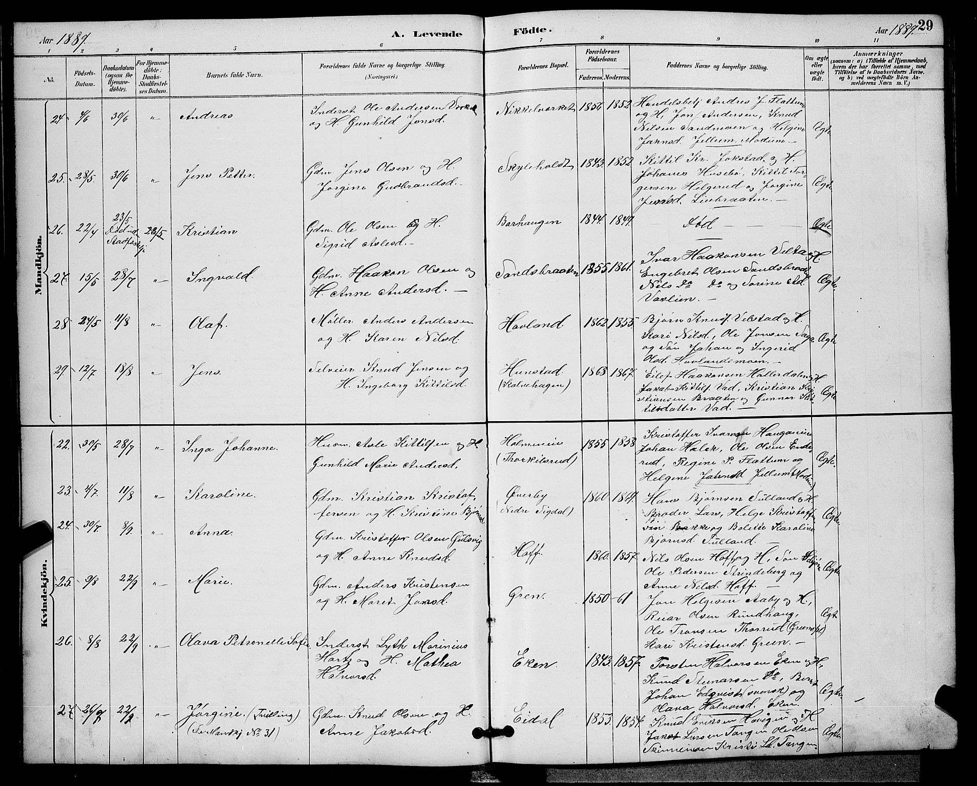 Sigdal kirkebøker, AV/SAKO-A-245/G/Ga/L0005: Parish register (copy) no. I 5, 1886-1900, p. 29