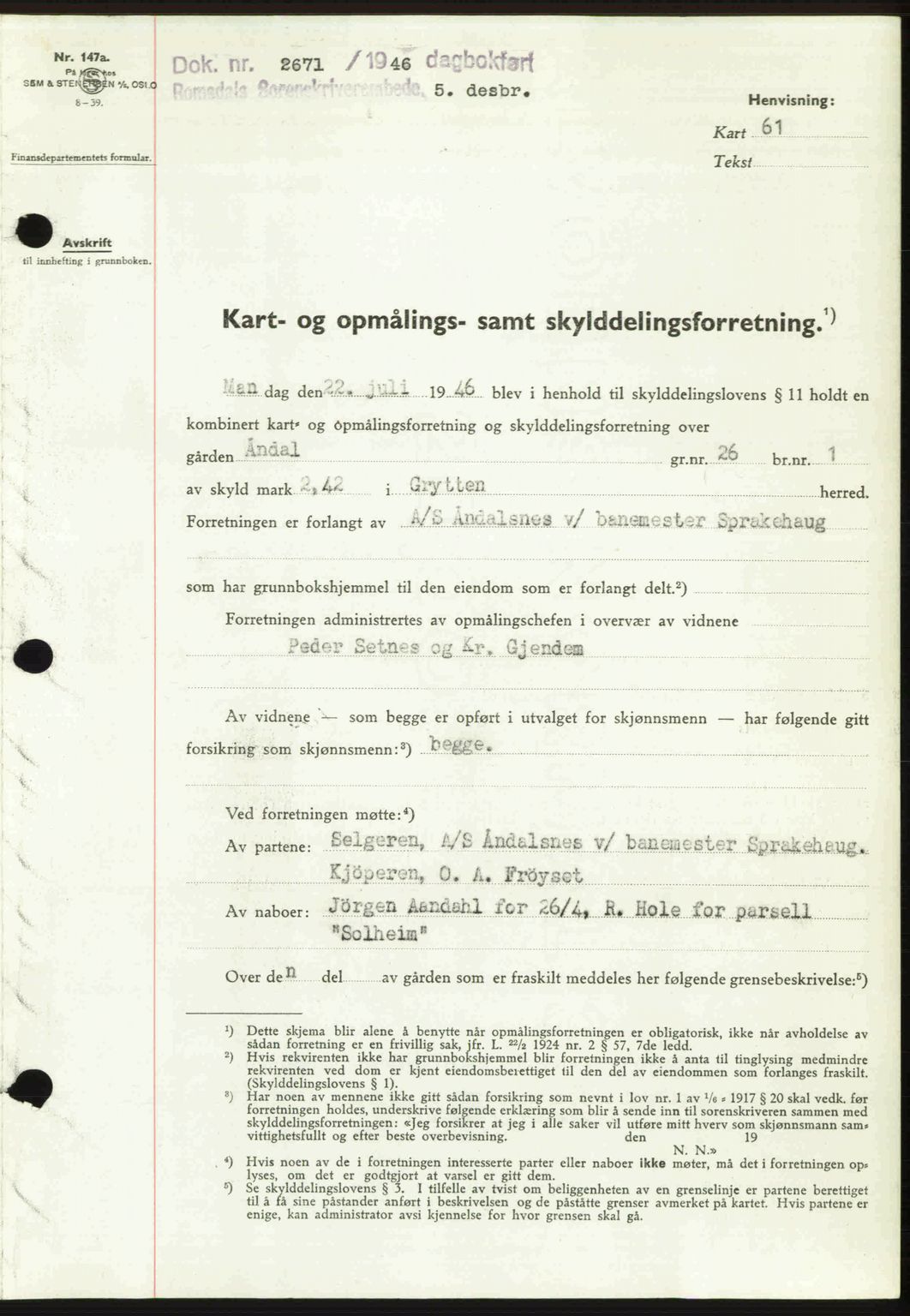 Romsdal sorenskriveri, AV/SAT-A-4149/1/2/2C: Mortgage book no. A21, 1946-1946, Diary no: : 2671/1946